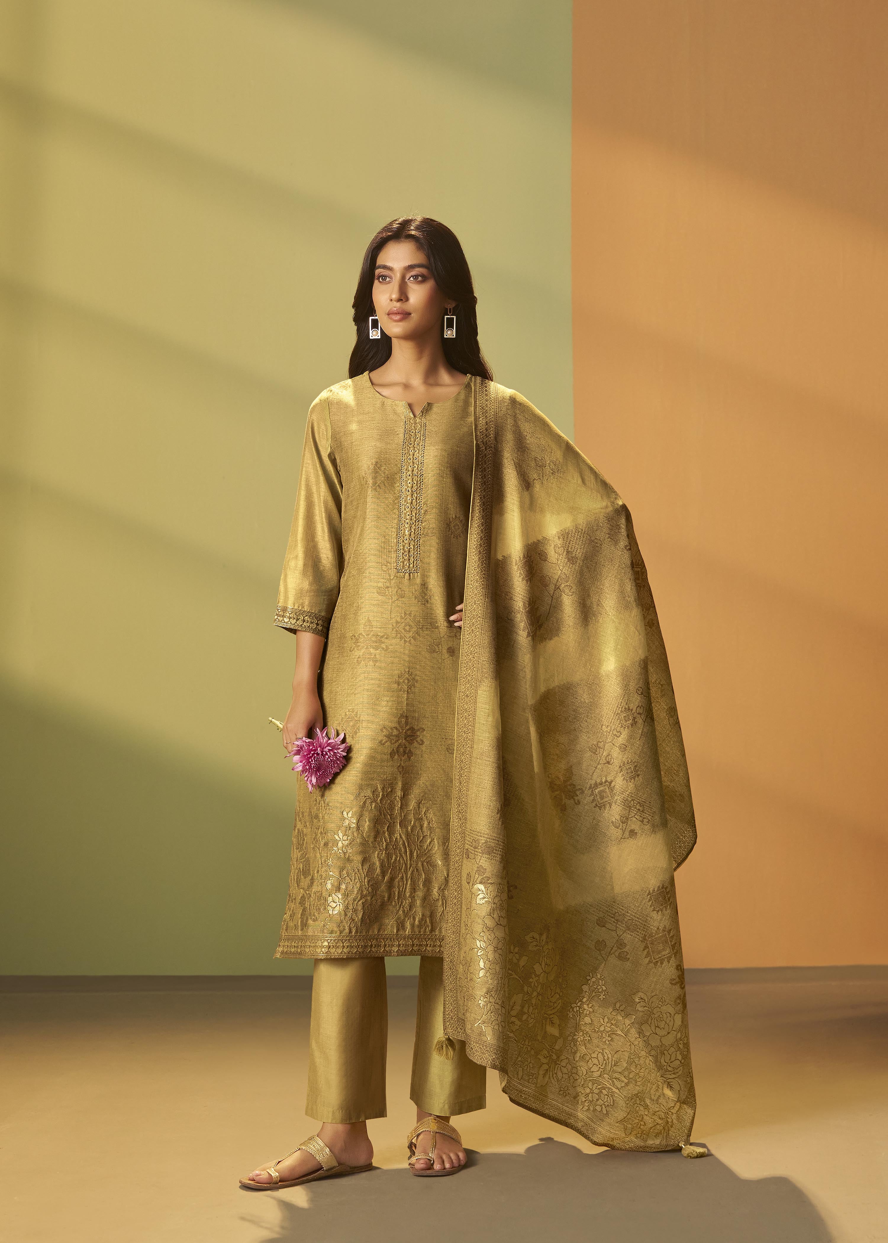 Golden Mustard Chanderi Jacquard Kurta Set