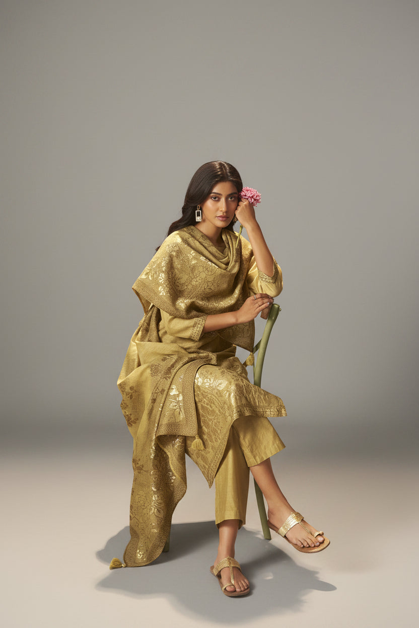 Golden Mustard Chanderi Jacquard Kurta Set
