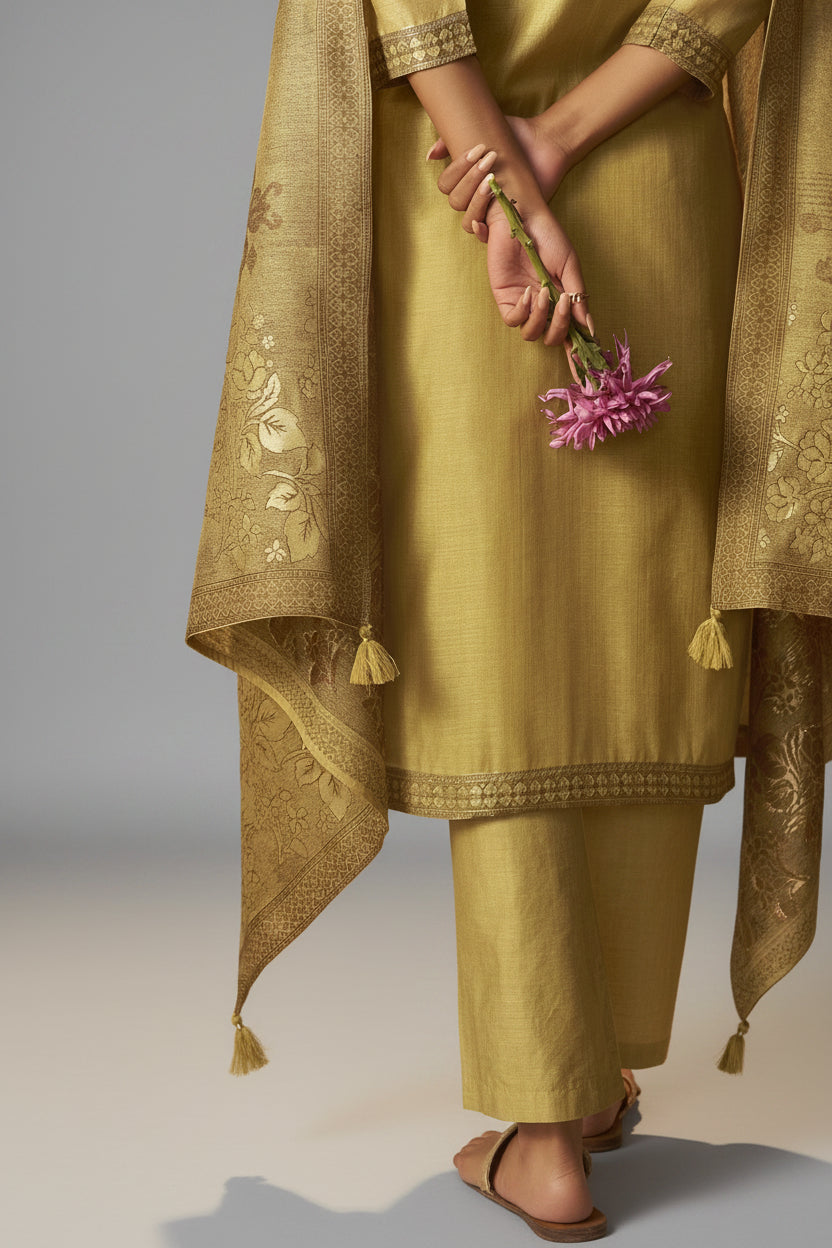 Golden Mustard Chanderi Jacquard Kurta Set
