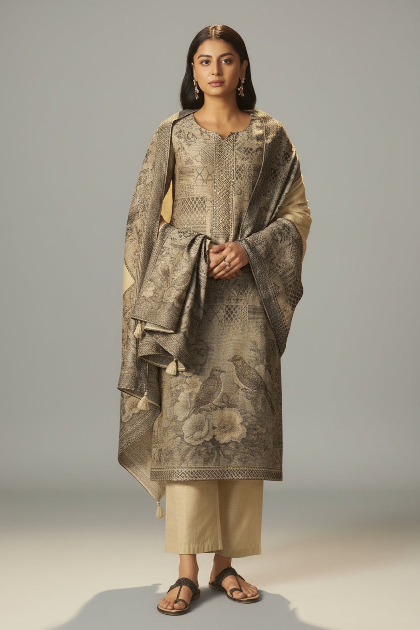 Khaki Taupe-Cream Chanderi Jacquard Kurta Set