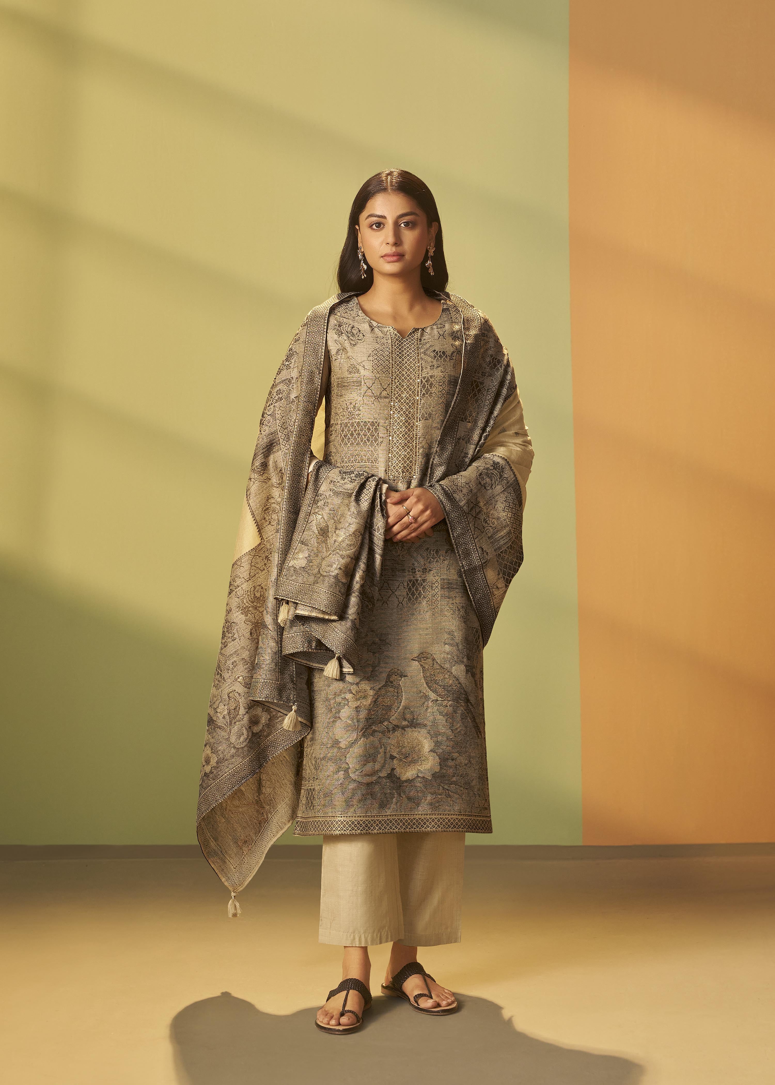 Khaki Taupe-Cream Chanderi Jacquard Kurta Set
