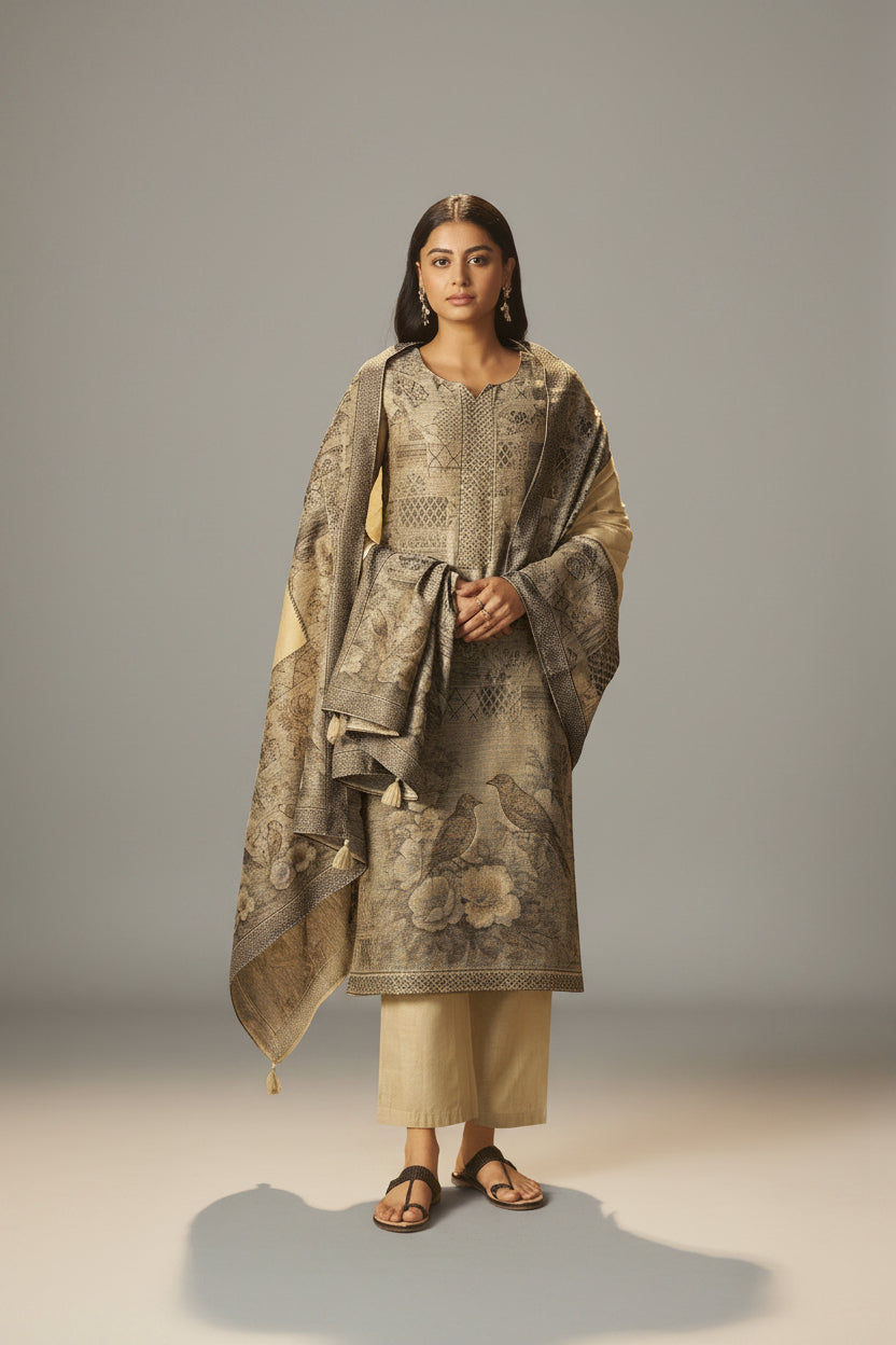 Khaki Taupe-Cream Chanderi Jacquard Kurta Set