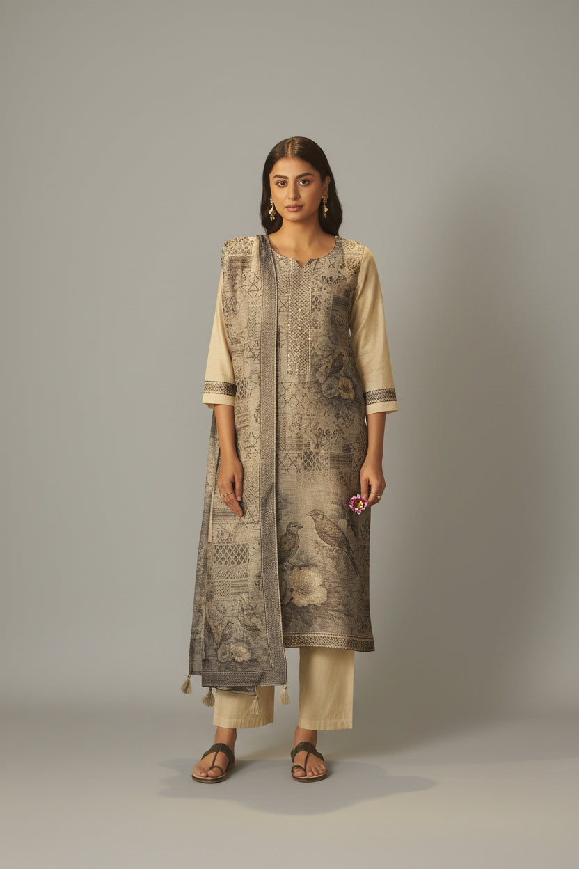 Khaki Taupe-Cream Chanderi Jacquard Kurta Set