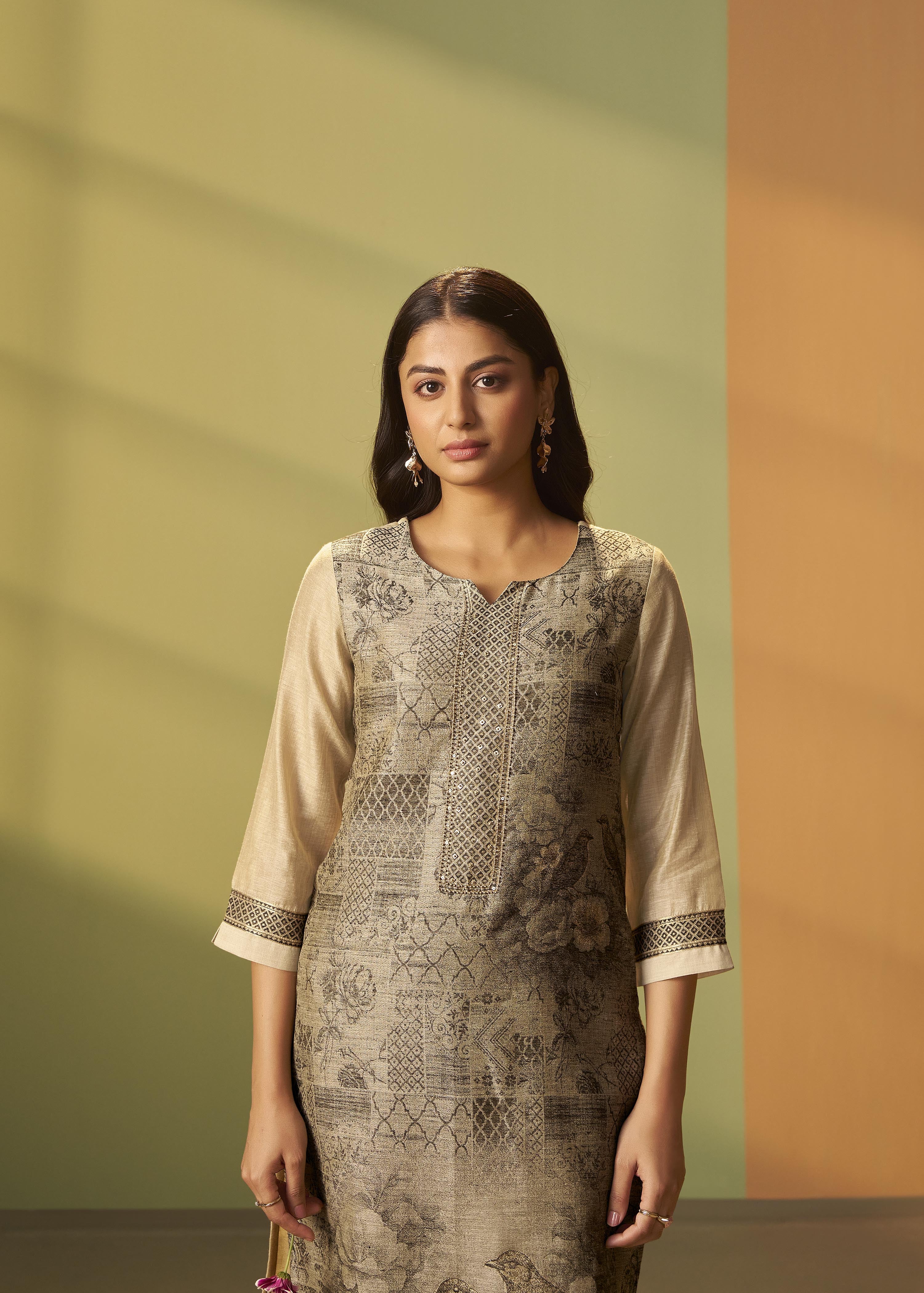 Khaki Taupe-Cream Chanderi Jacquard Kurta Set
