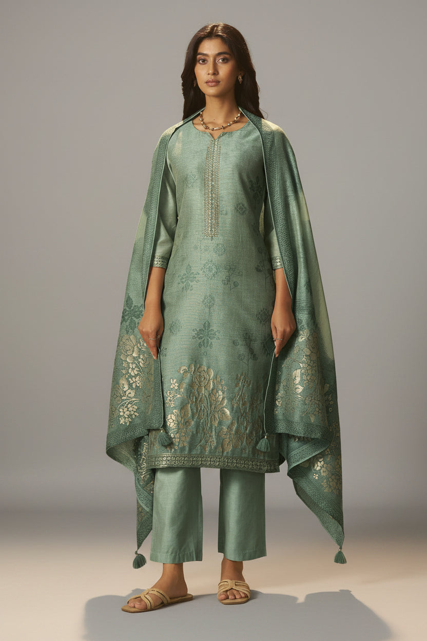 Muted Emerald Chanderi Jacquard Kurta Set