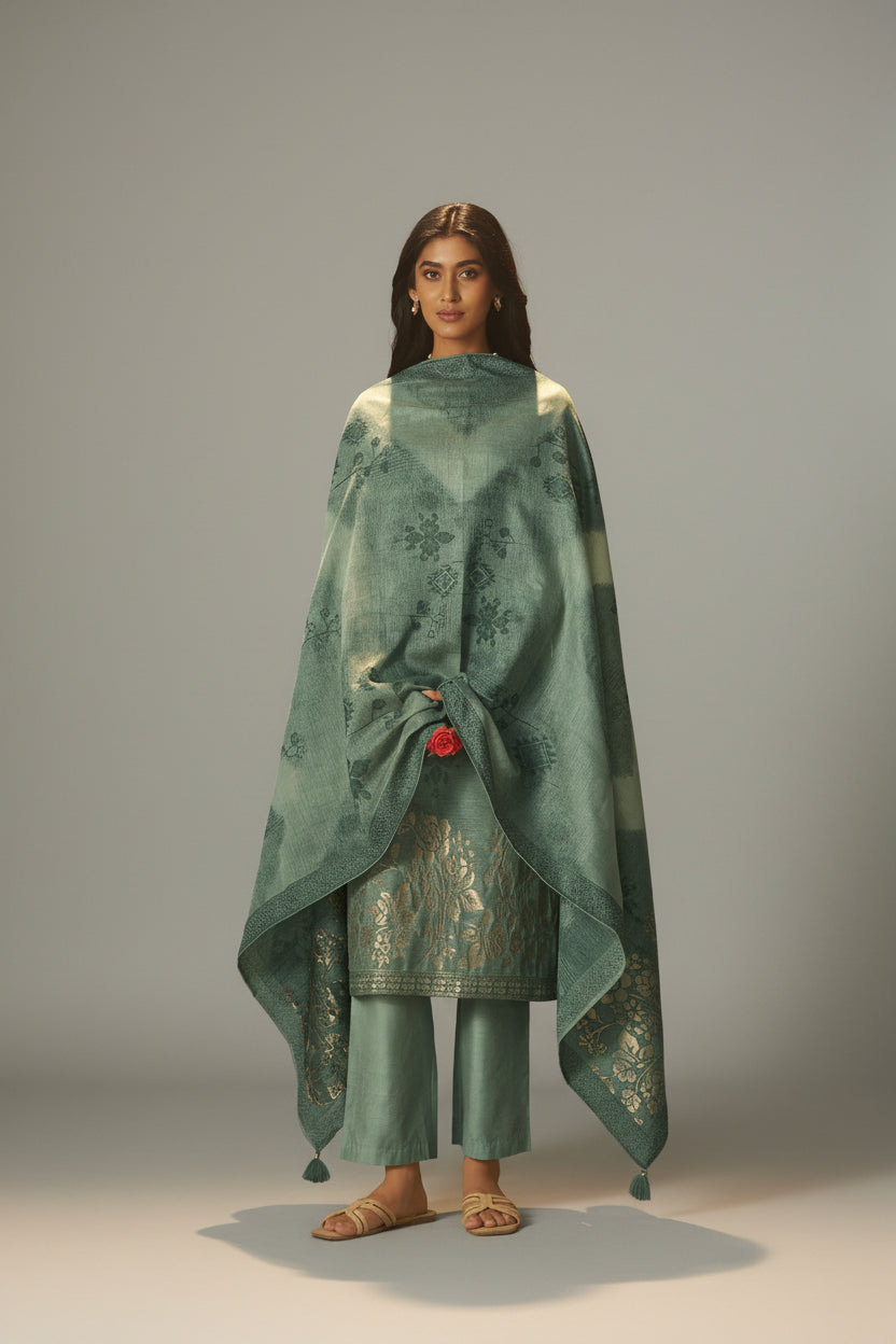 Muted Emerald Chanderi Jacquard Kurta Set