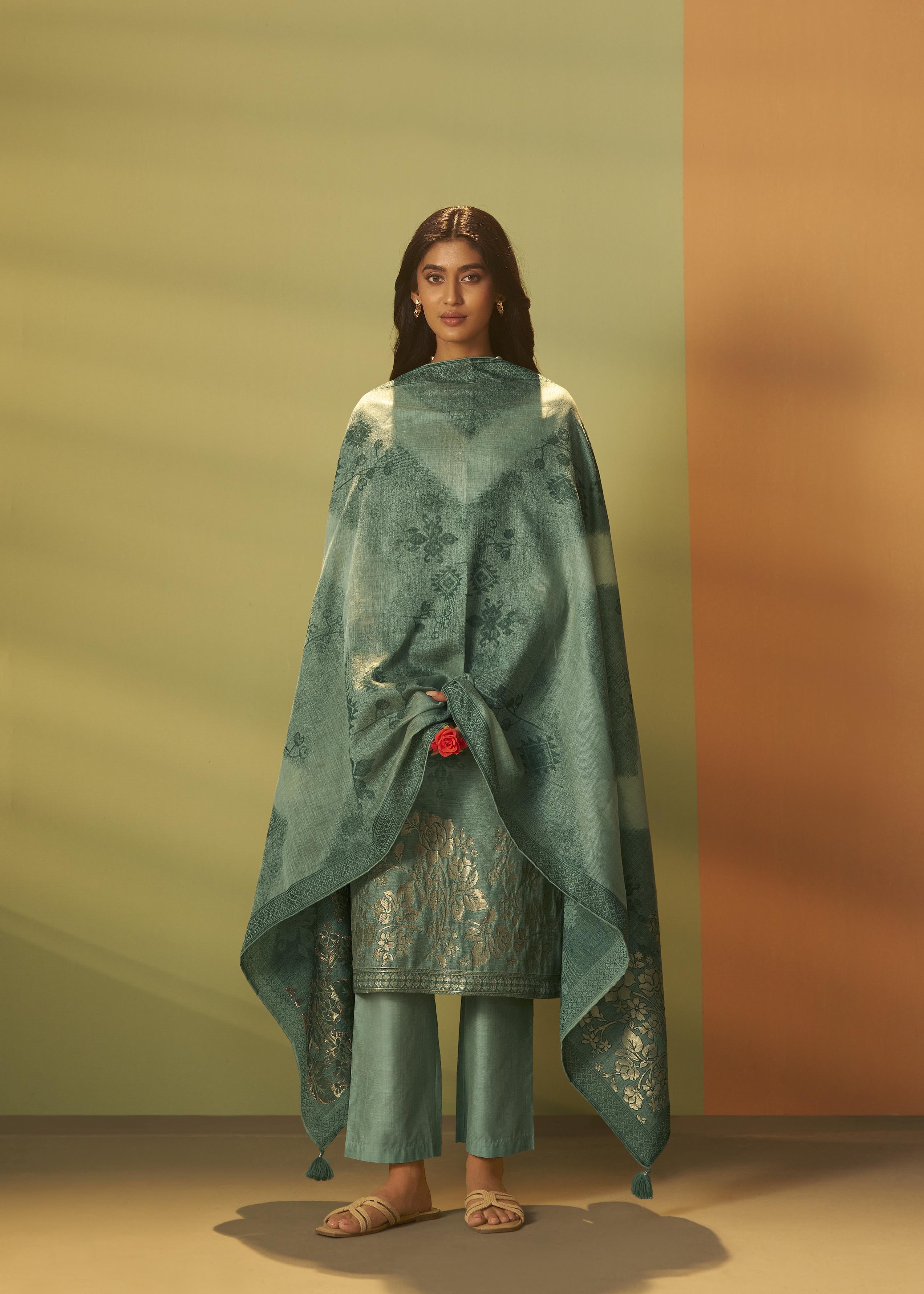 Muted Emerald Chanderi Jacquard Kurta Set