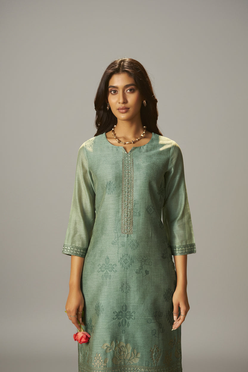 Muted Emerald Chanderi Jacquard Kurta Set