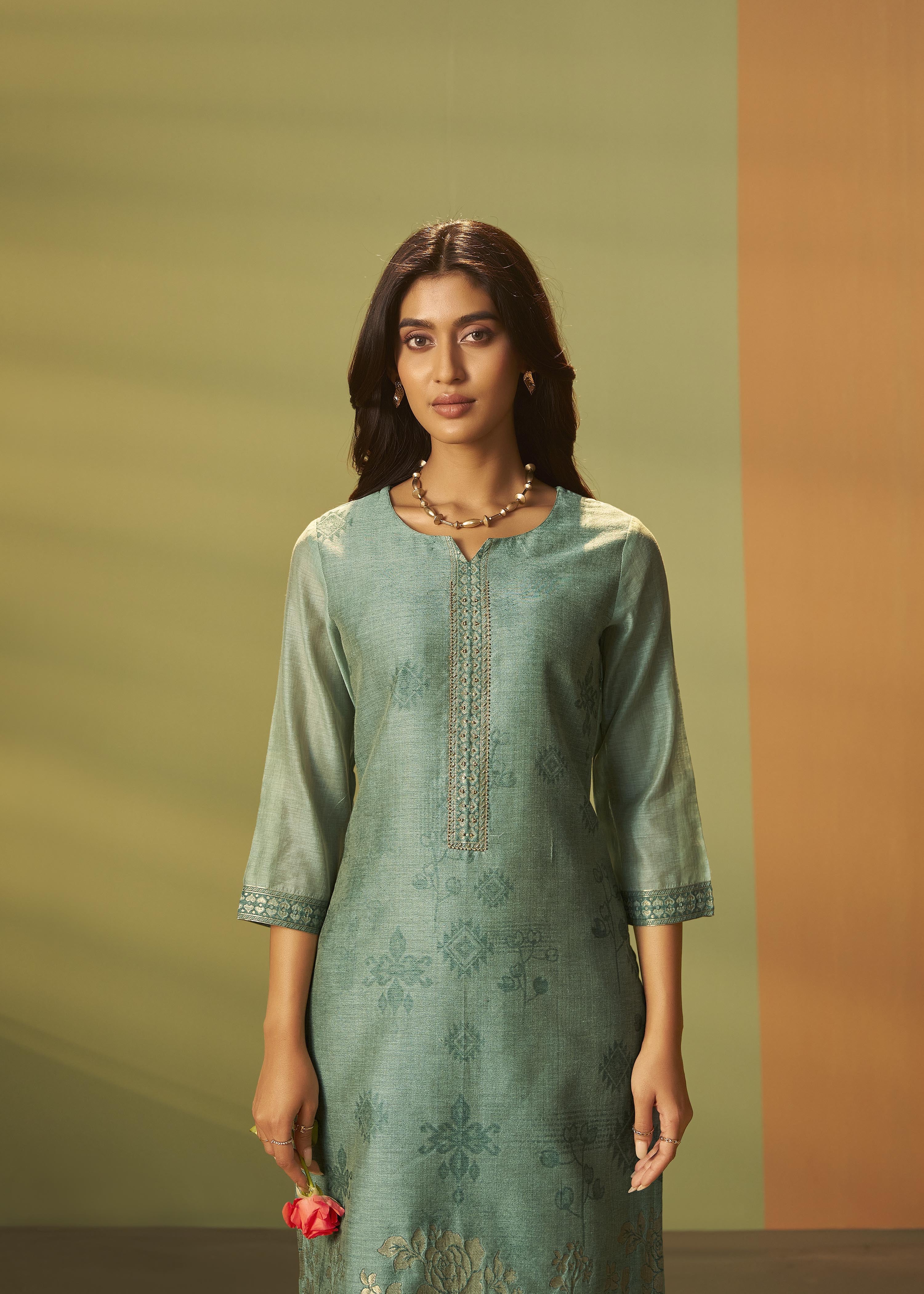 Muted Emerald Chanderi Jacquard Kurta Set