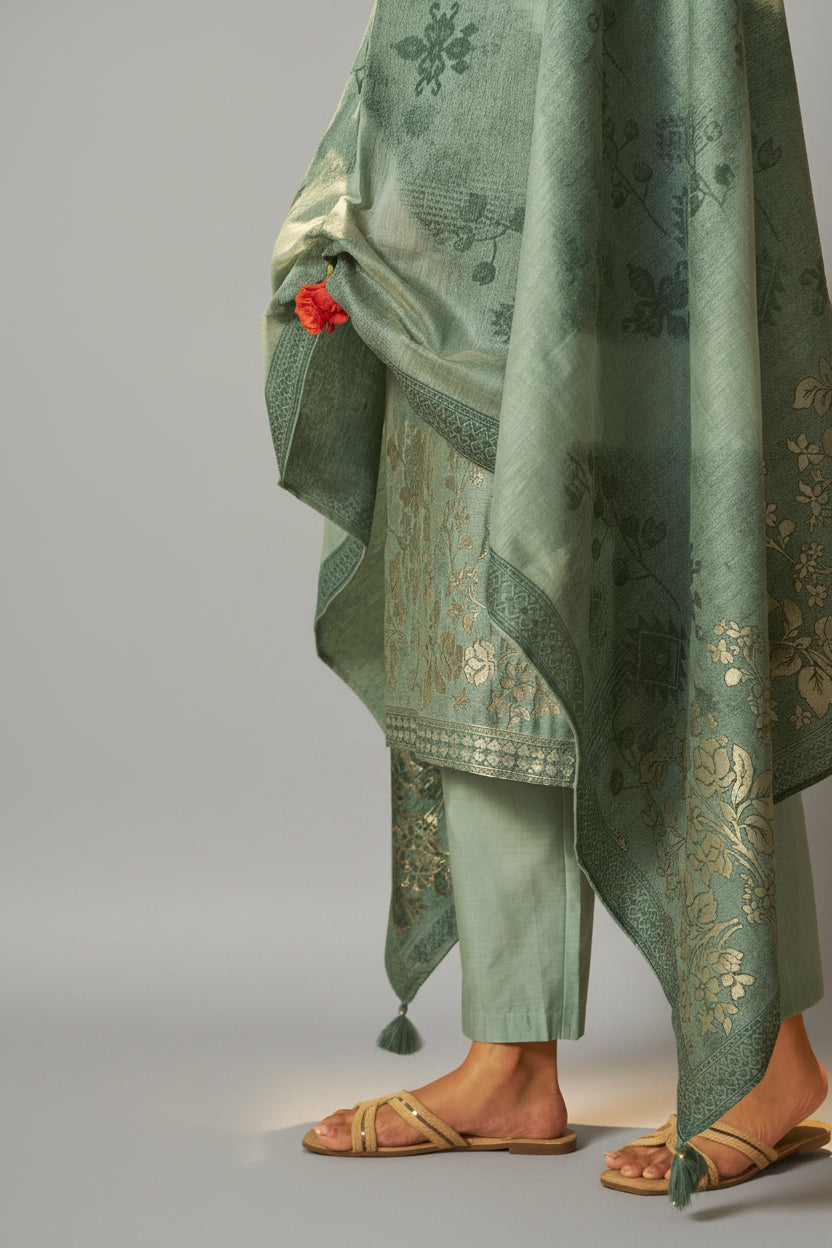 Muted Emerald Chanderi Jacquard Kurta Set