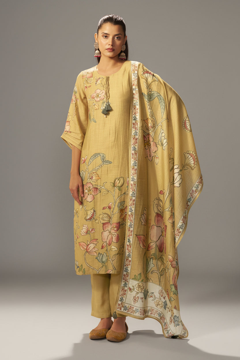 Straw Yellow Shimmer Linen Digital Print Kurta Set
