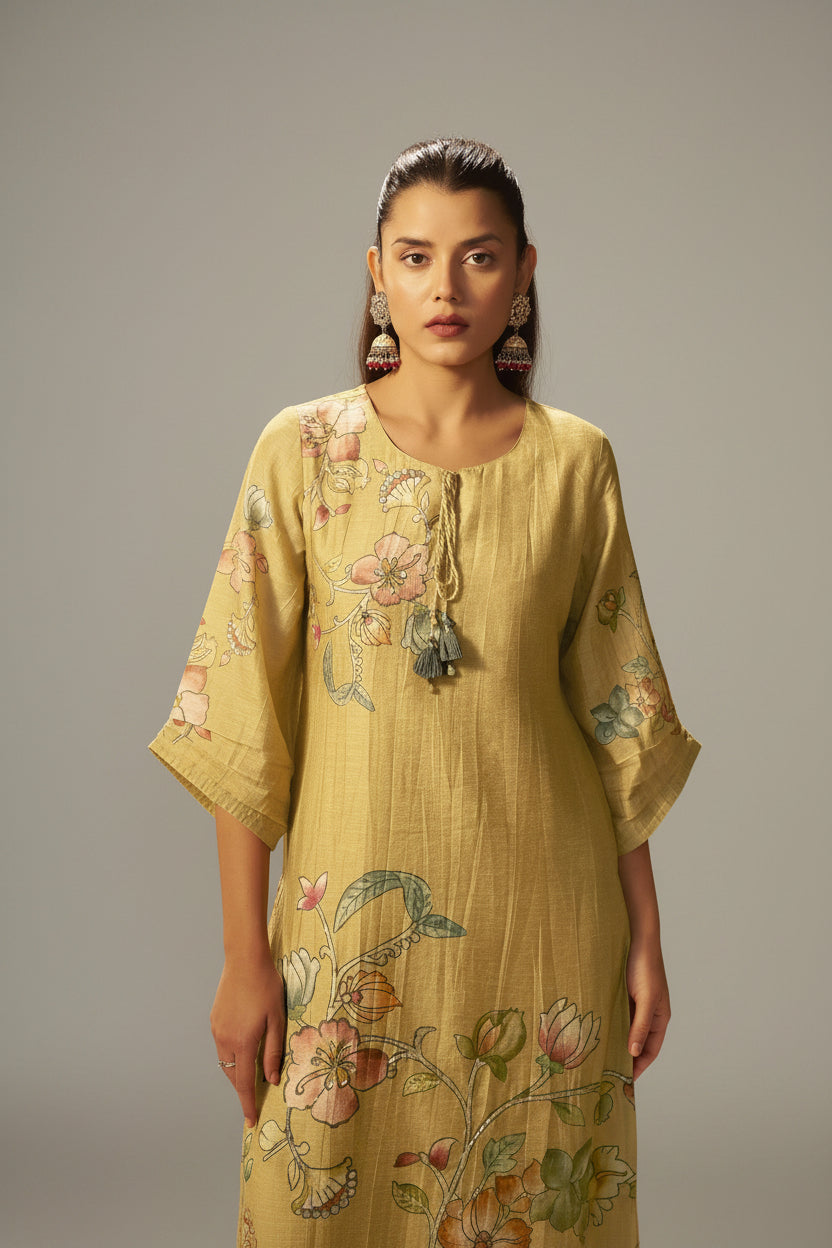 Straw Yellow Shimmer Linen Digital Print Kurta Set