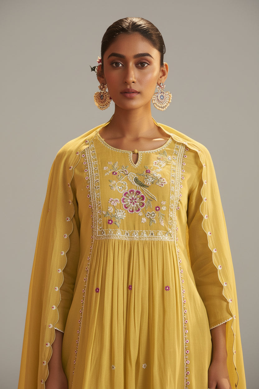 Yellow Mul Chanderi Straight Kurta Set with Embroidery & Handwork