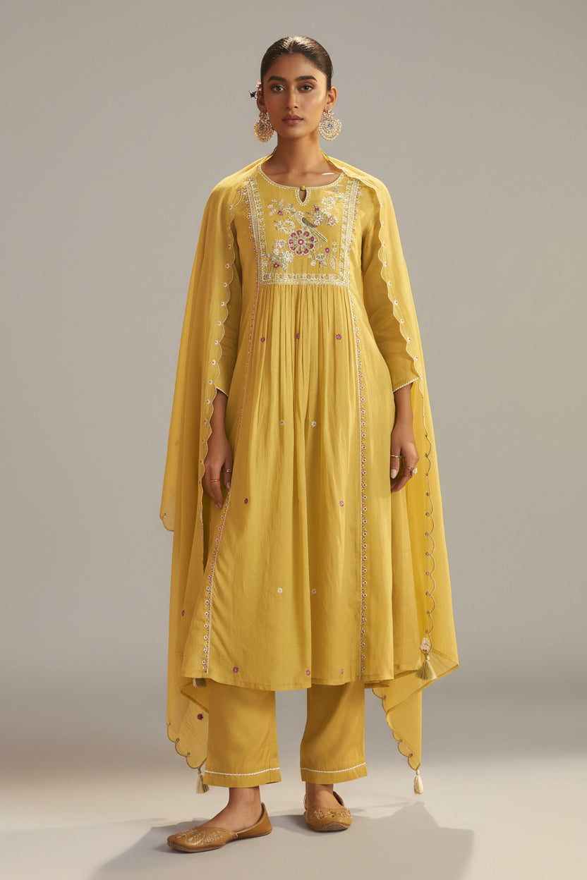 Yellow Mul Chanderi Straight Kurta Set with Embroidery & Handwork