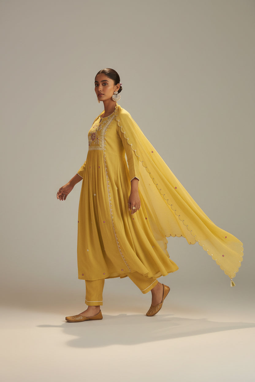 Yellow Mul Chanderi Straight Kurta Set with Embroidery & Handwork
