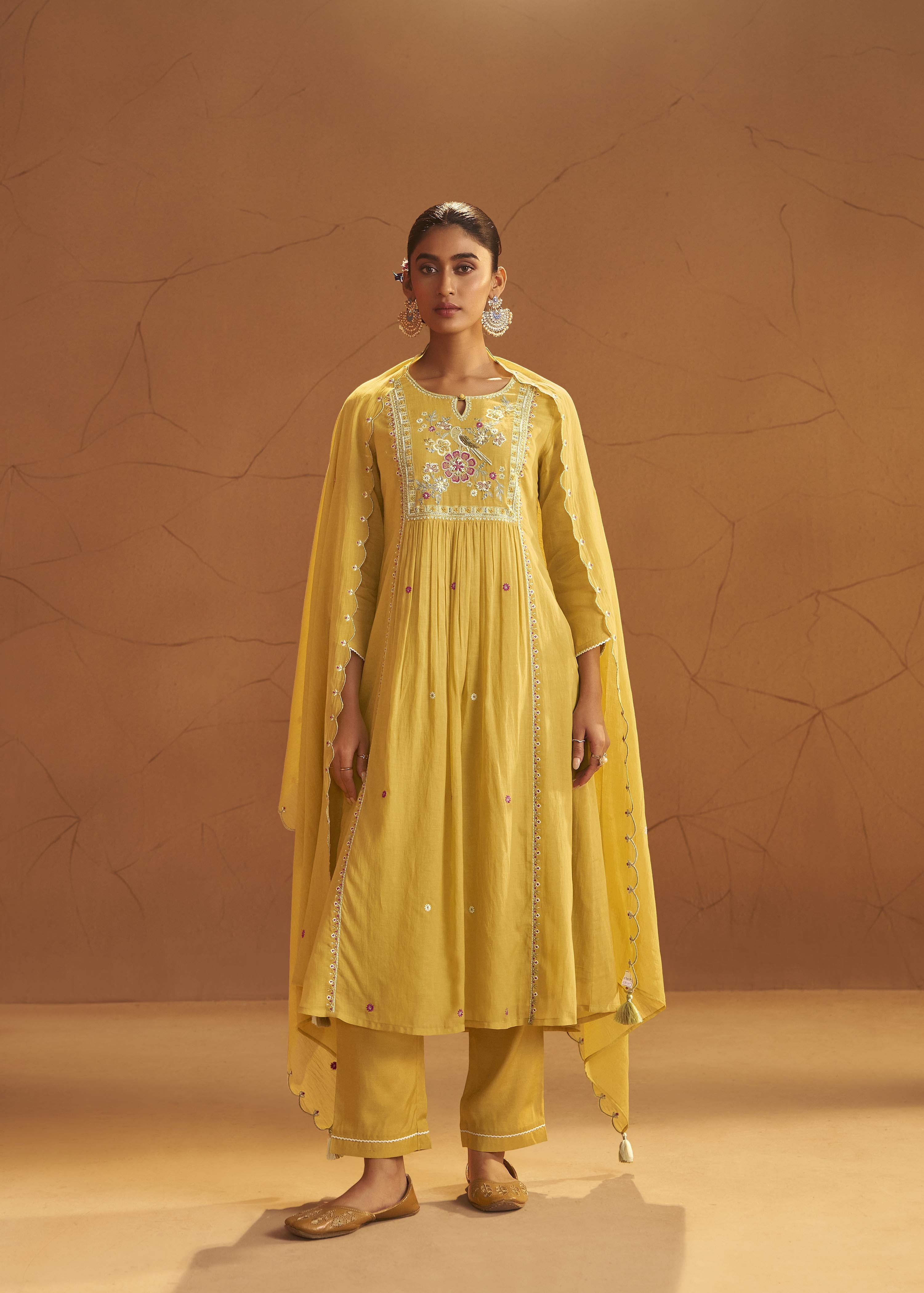 Yellow Mul Chanderi Straight Kurta Set with Embroidery & Handwork