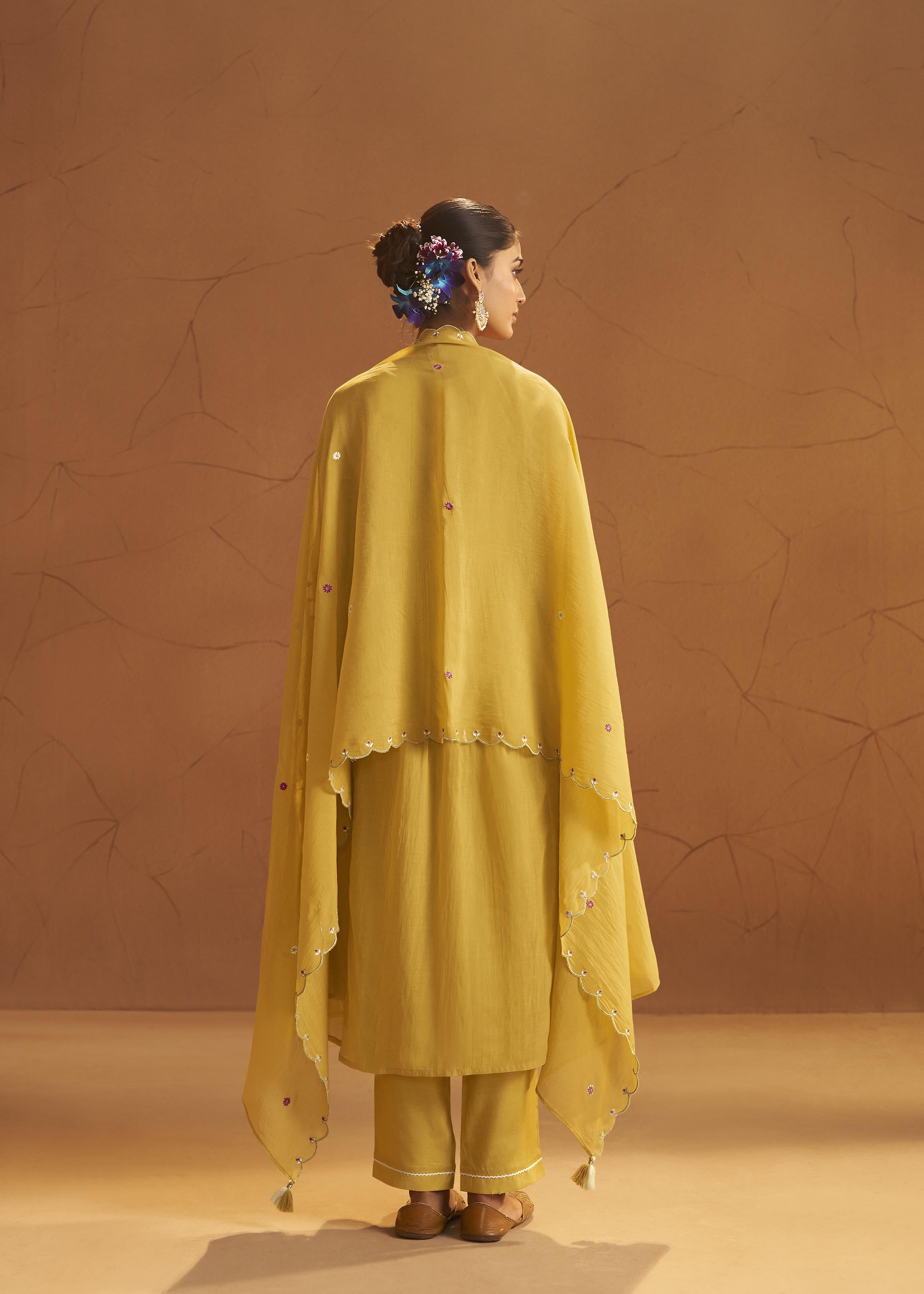 Yellow Mul Chanderi Straight Kurta Set with Embroidery & Handwork