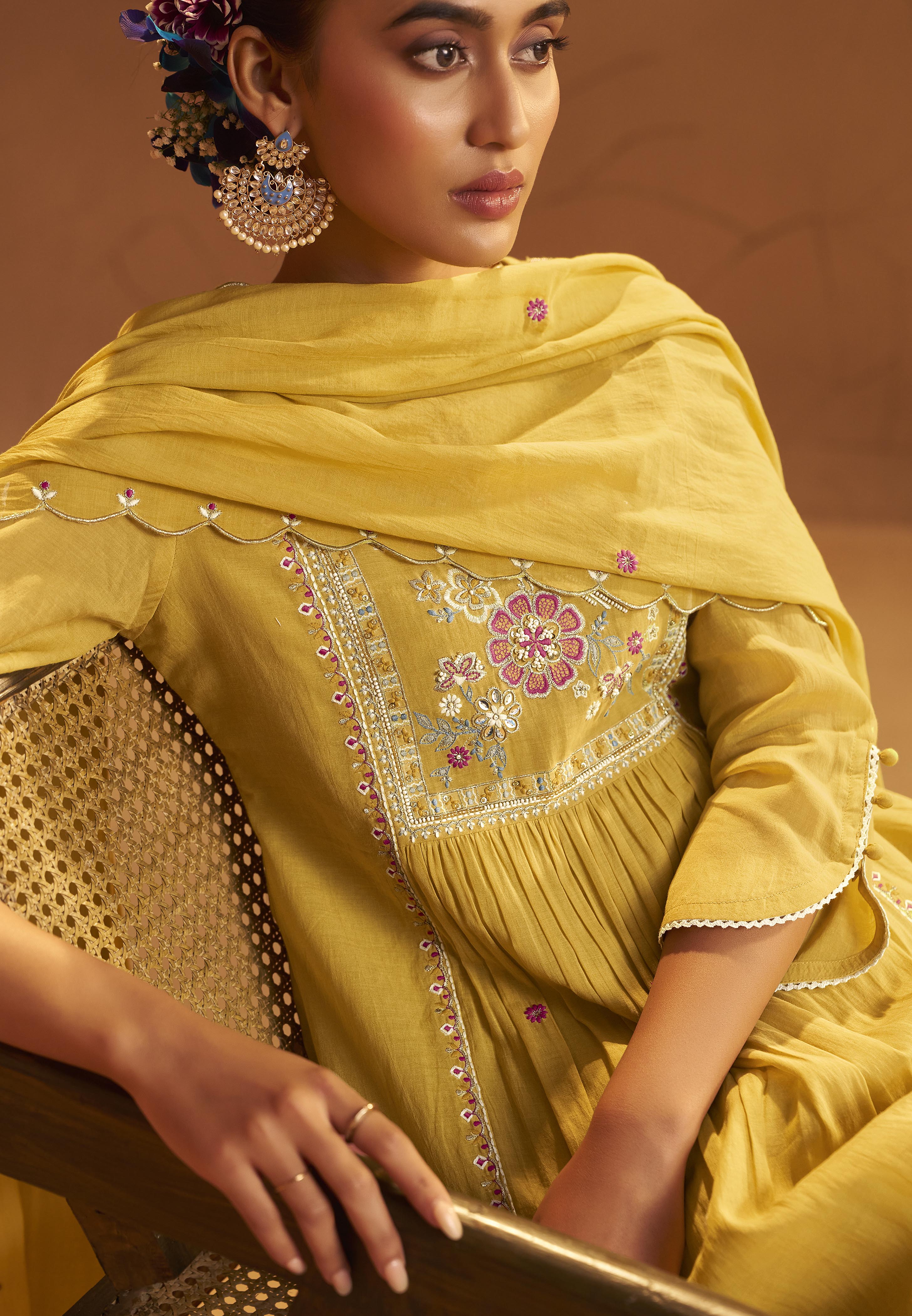 Yellow Mul Chanderi Straight Kurta Set with Embroidery & Handwork