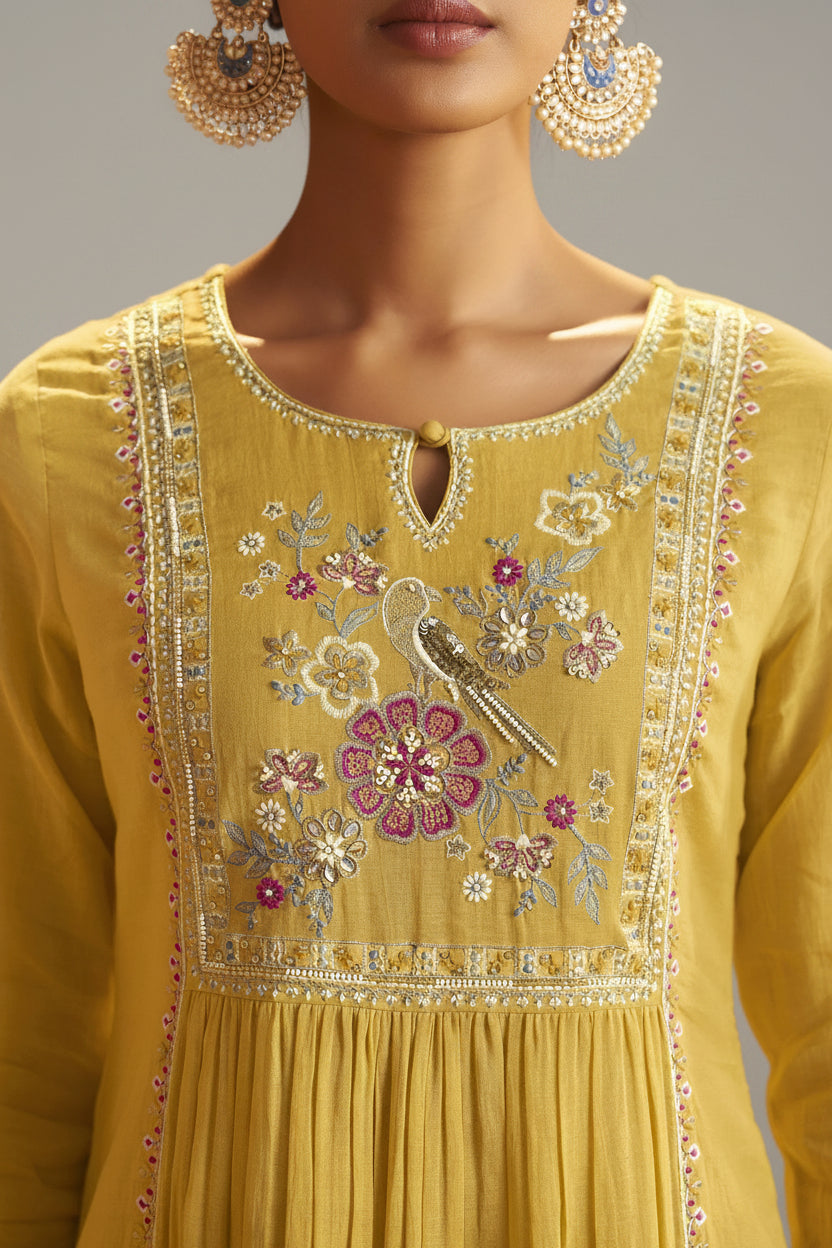 Yellow Mul Chanderi Straight Kurta Set with Embroidery & Handwork