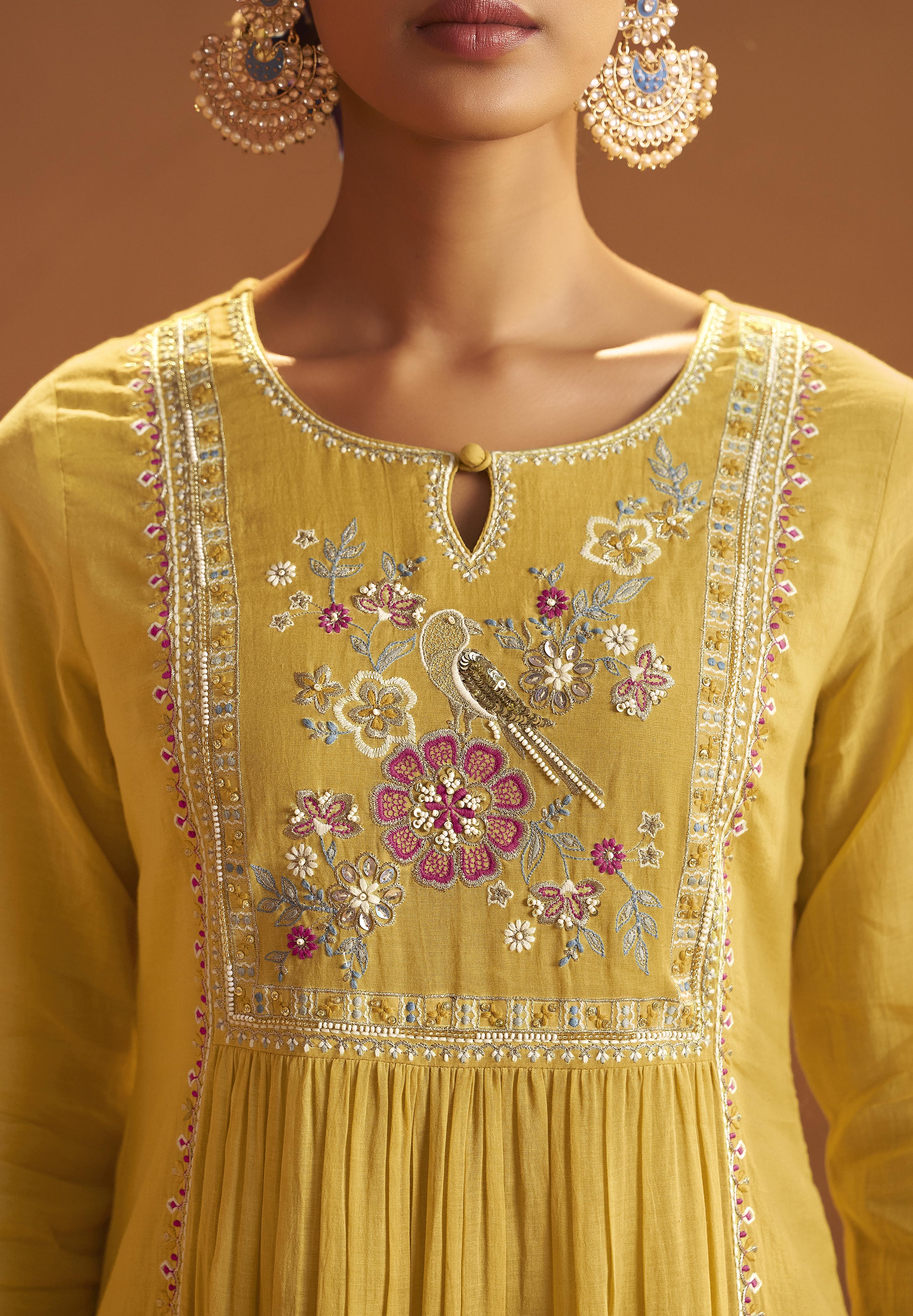 Yellow Mul Chanderi Straight Kurta Set with Embroidery & Handwork