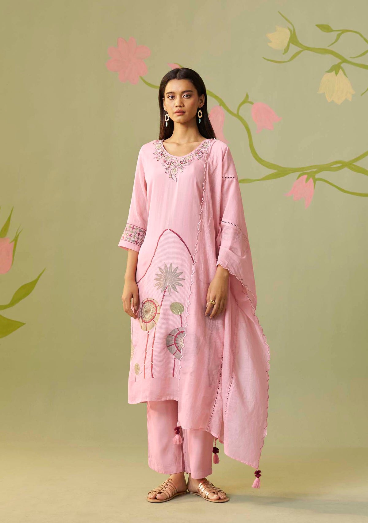 Gulbahar Pink Viscose-Linen Floral Jacquard Kurta Set