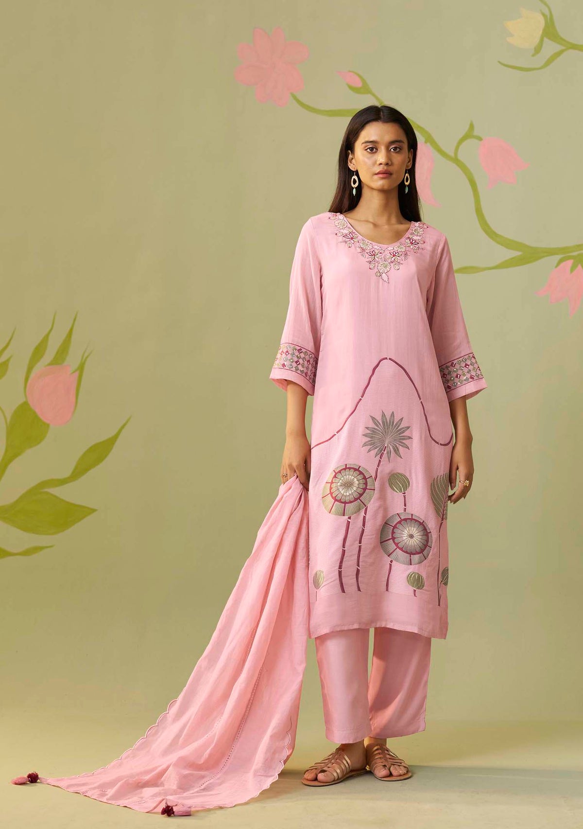 Gulbahar Pink Viscose-Linen Floral Jacquard Kurta Set