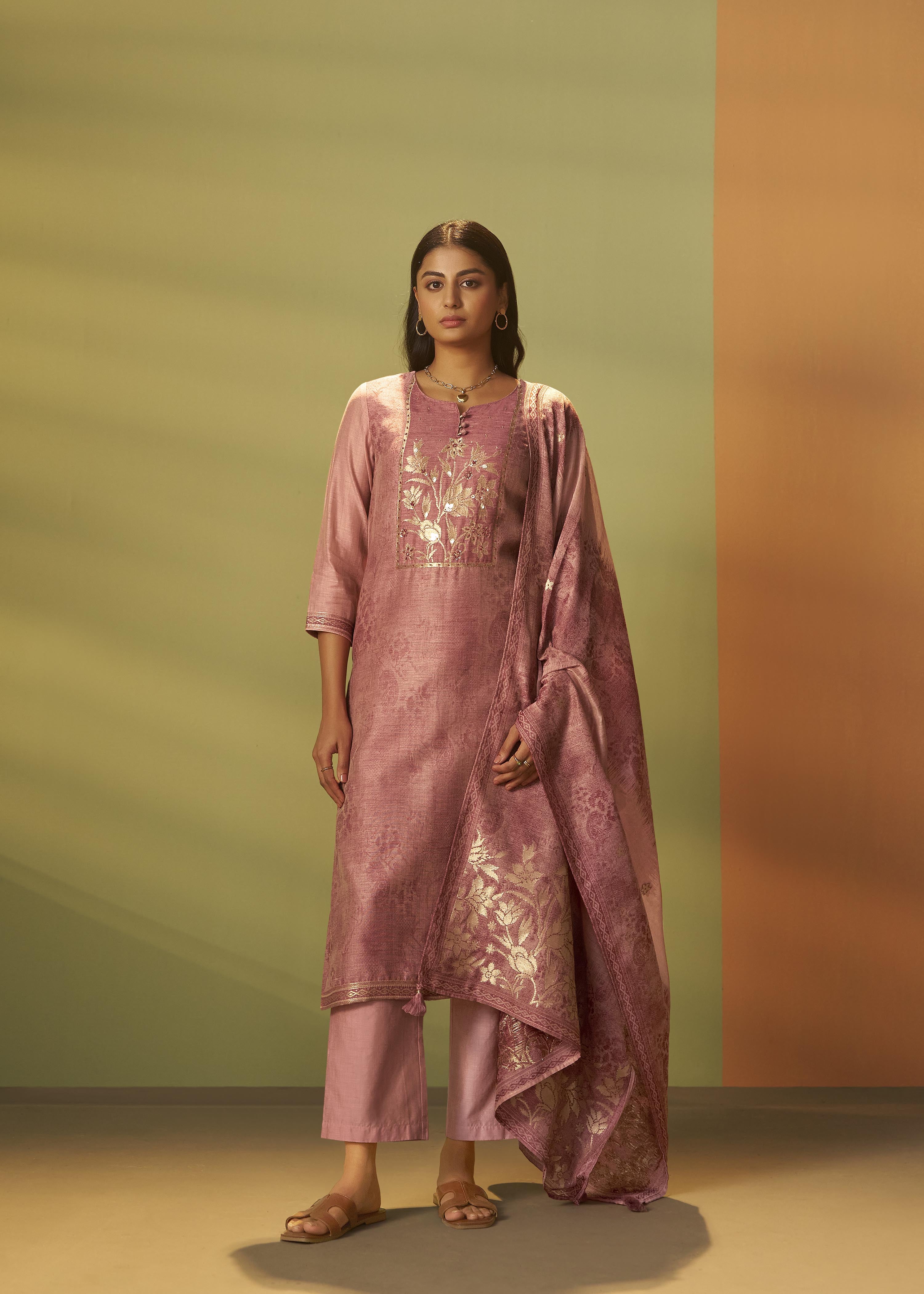 Ethereal Blush Pink Chanderi Jacquard Kurta Set