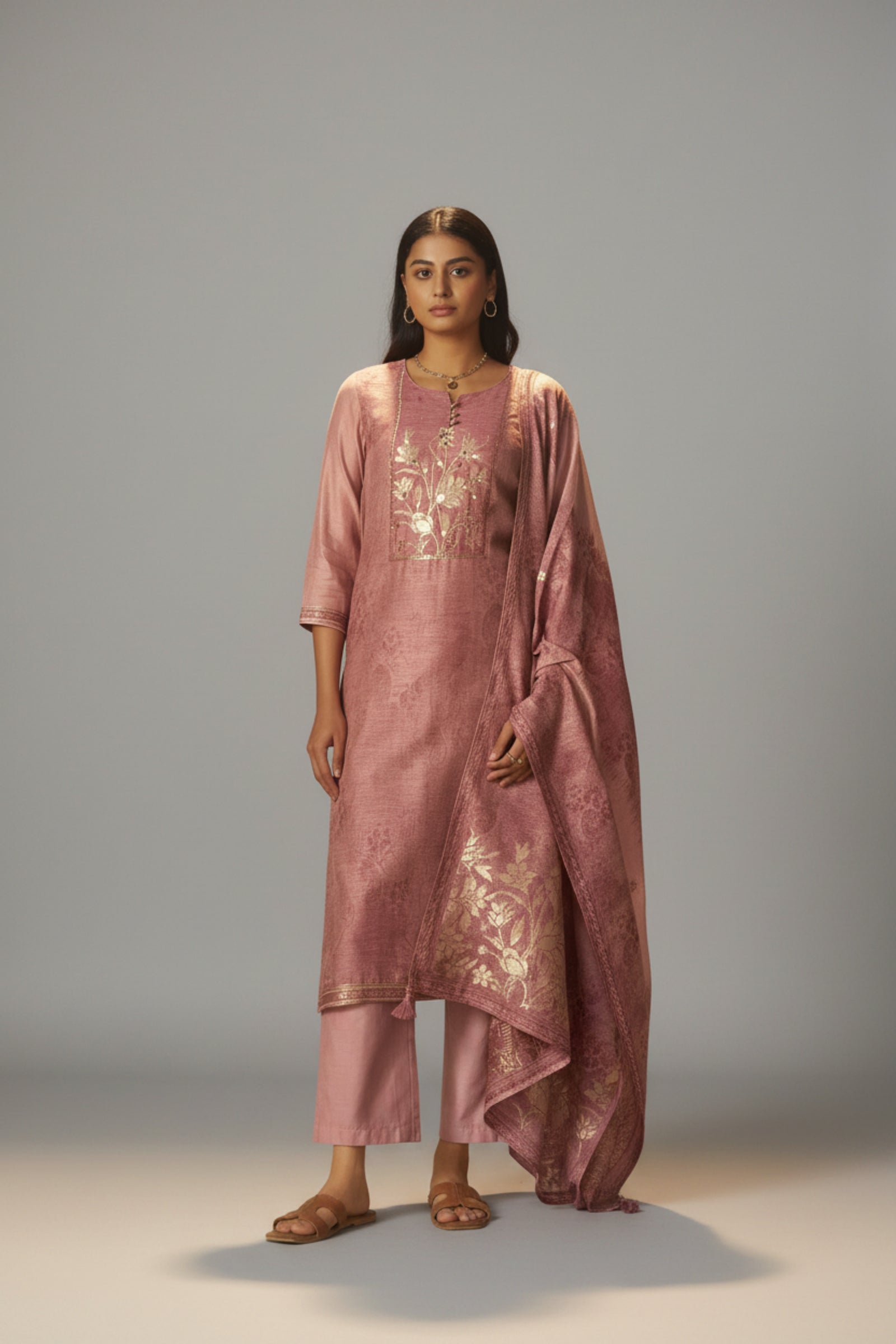 Ethereal Blush Pink Chanderi Jacquard Kurta Set