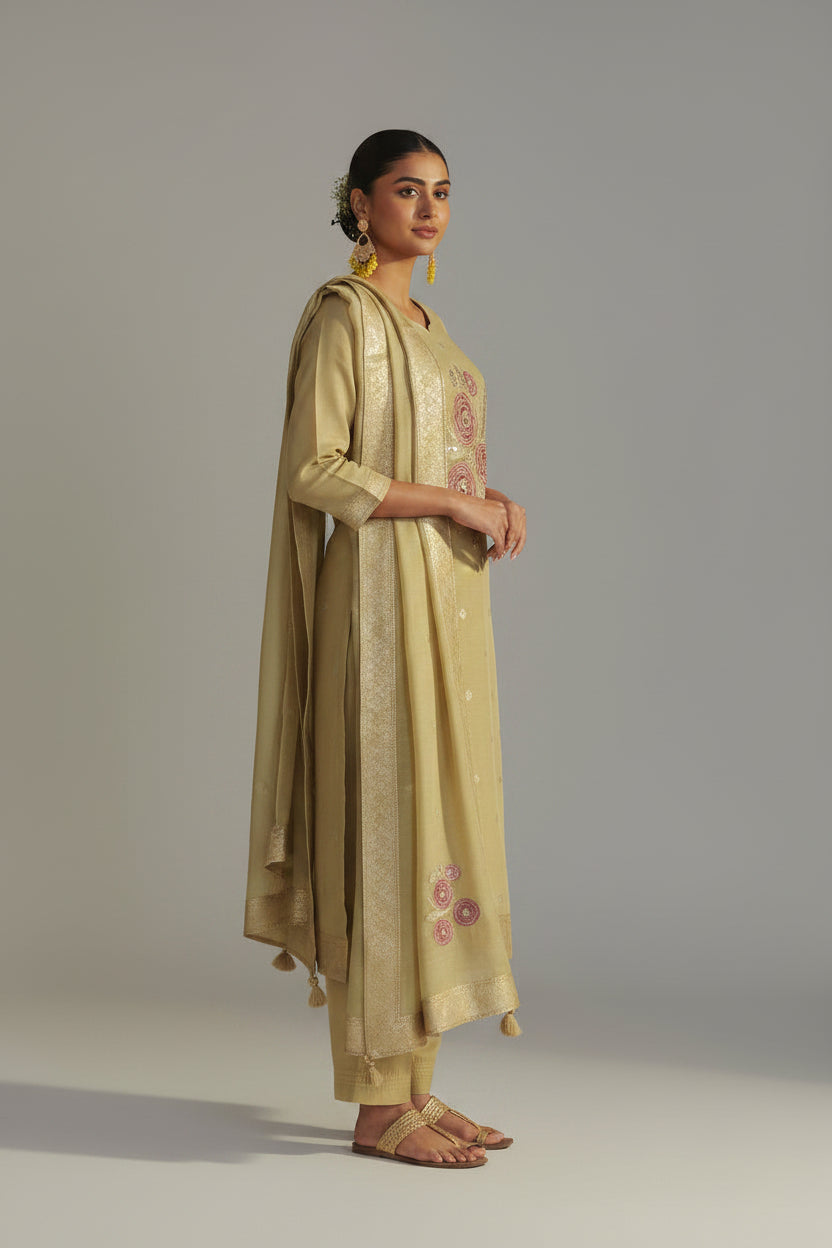 Sand Yellow Viscose Linen Jacquard Fancy Kurta Set