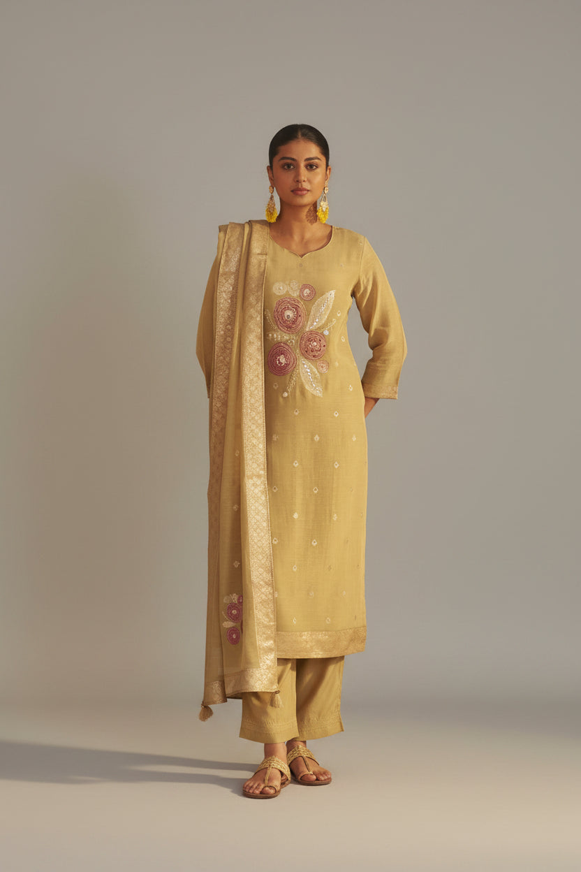 Sand Yellow Viscose Linen Jacquard Fancy Kurta Set