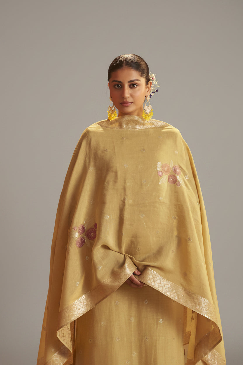 Sand Yellow Viscose Linen Jacquard Fancy Kurta Set