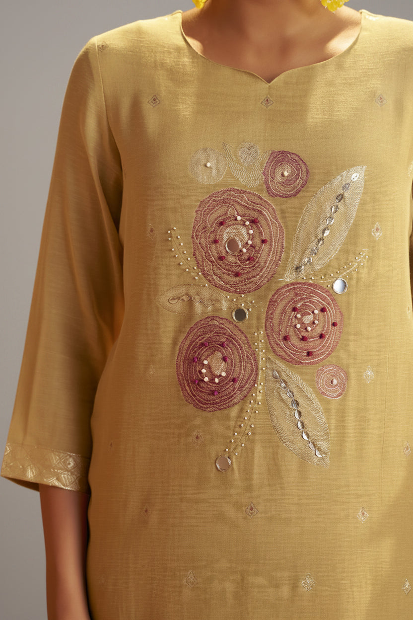 Sand Yellow Viscose Linen Jacquard Fancy Kurta Set