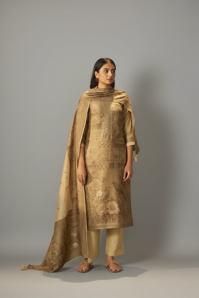 Mustard Bronze Chanderi Jacquard Kurta Set