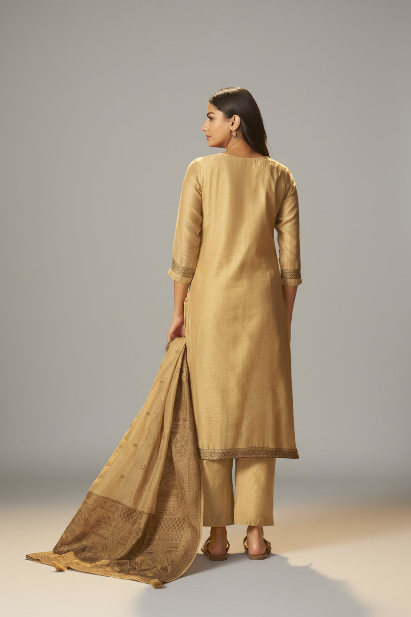 Mustard Bronze Chanderi Jacquard Kurta Set