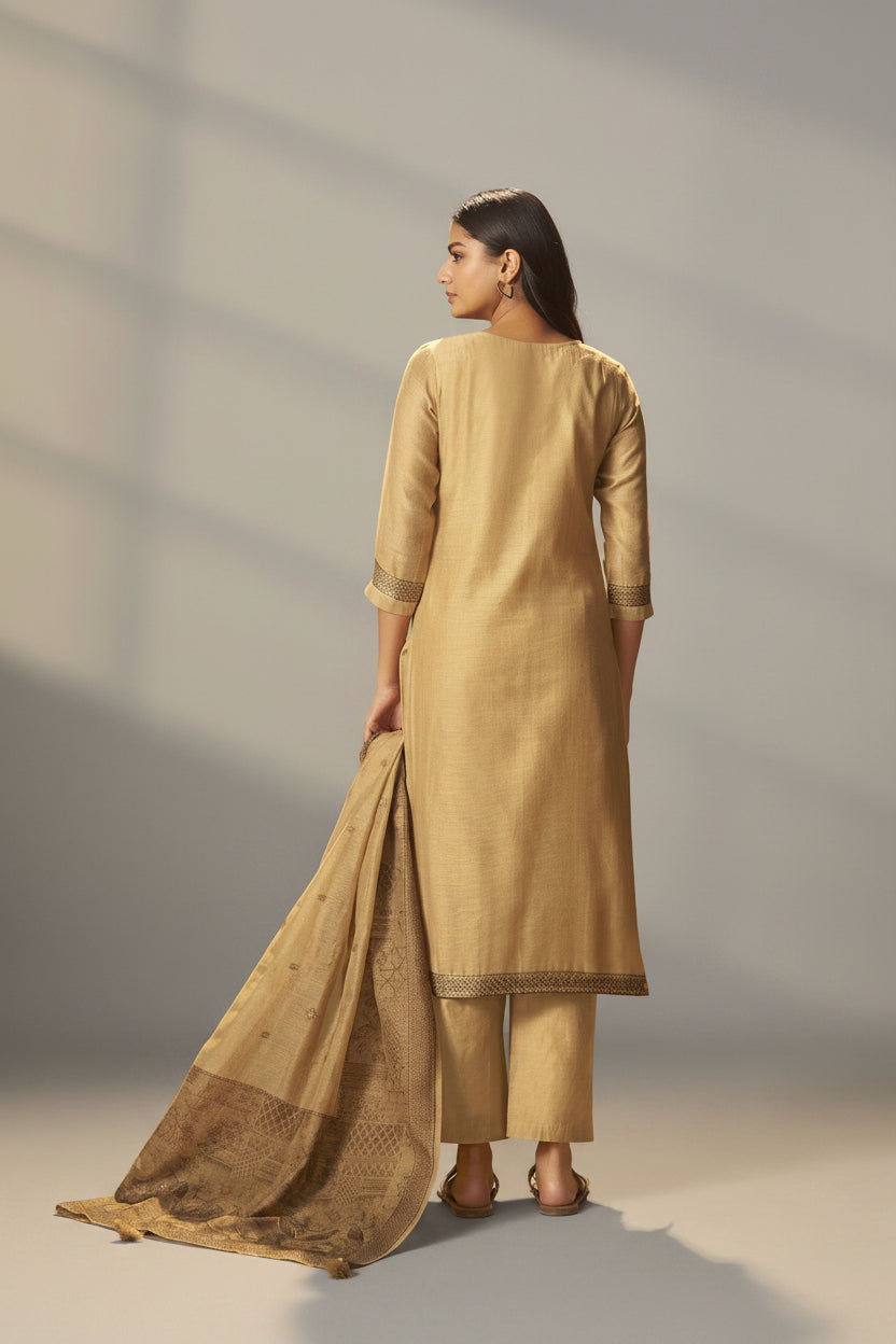 Mustard Bronze Chanderi Jacquard Kurta Set