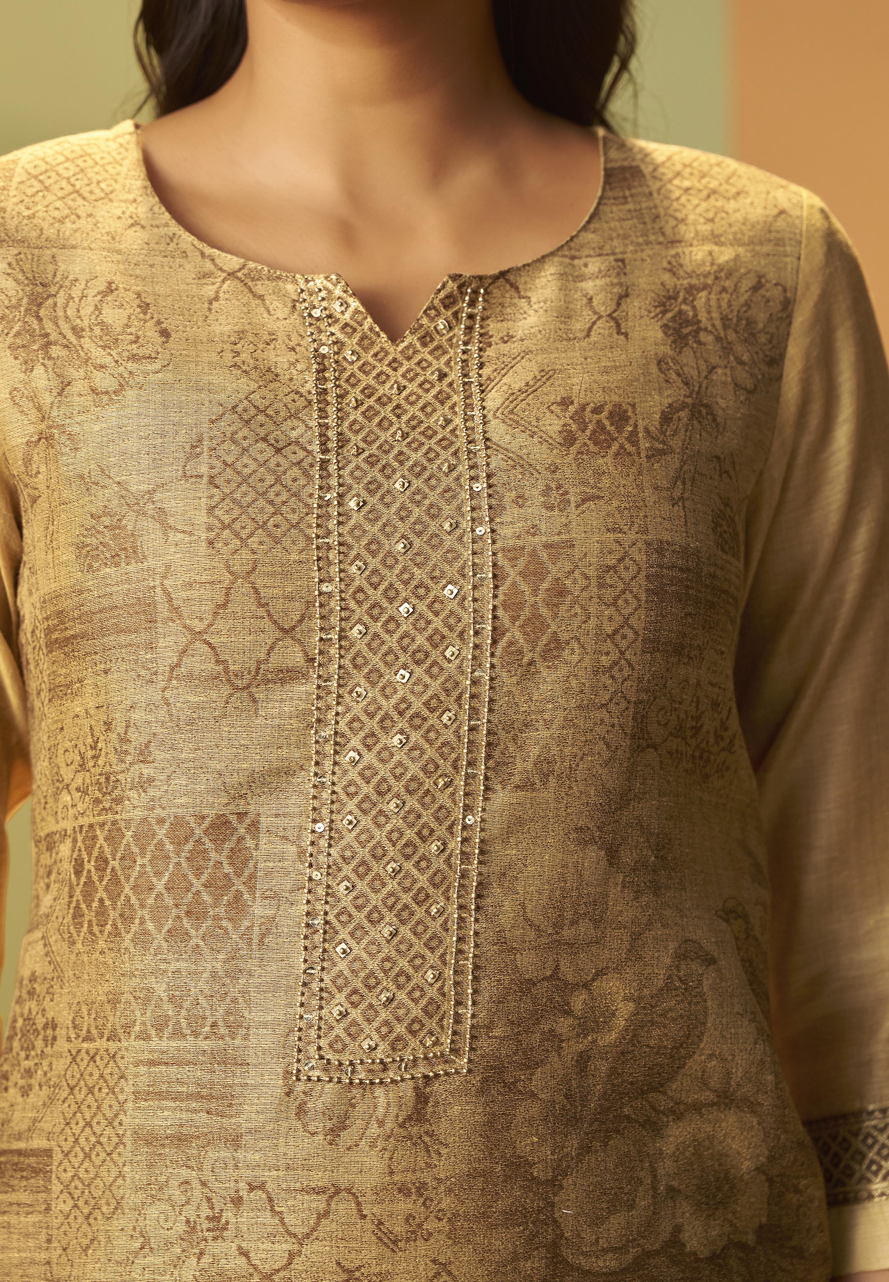 Mustard Bronze Chanderi Jacquard Kurta Set