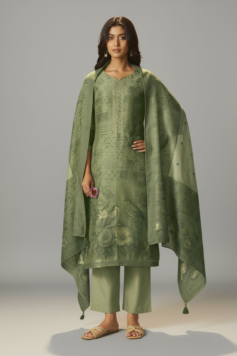Muted Jade Green Chanderi Jacquard Kurta Set