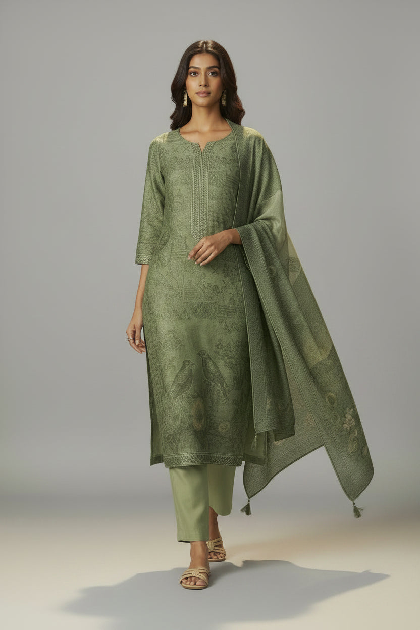 Muted Jade Green Chanderi Jacquard Kurta Set