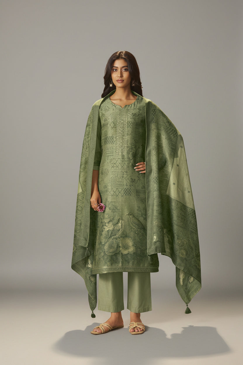 Muted Jade Green Chanderi Jacquard Kurta Set