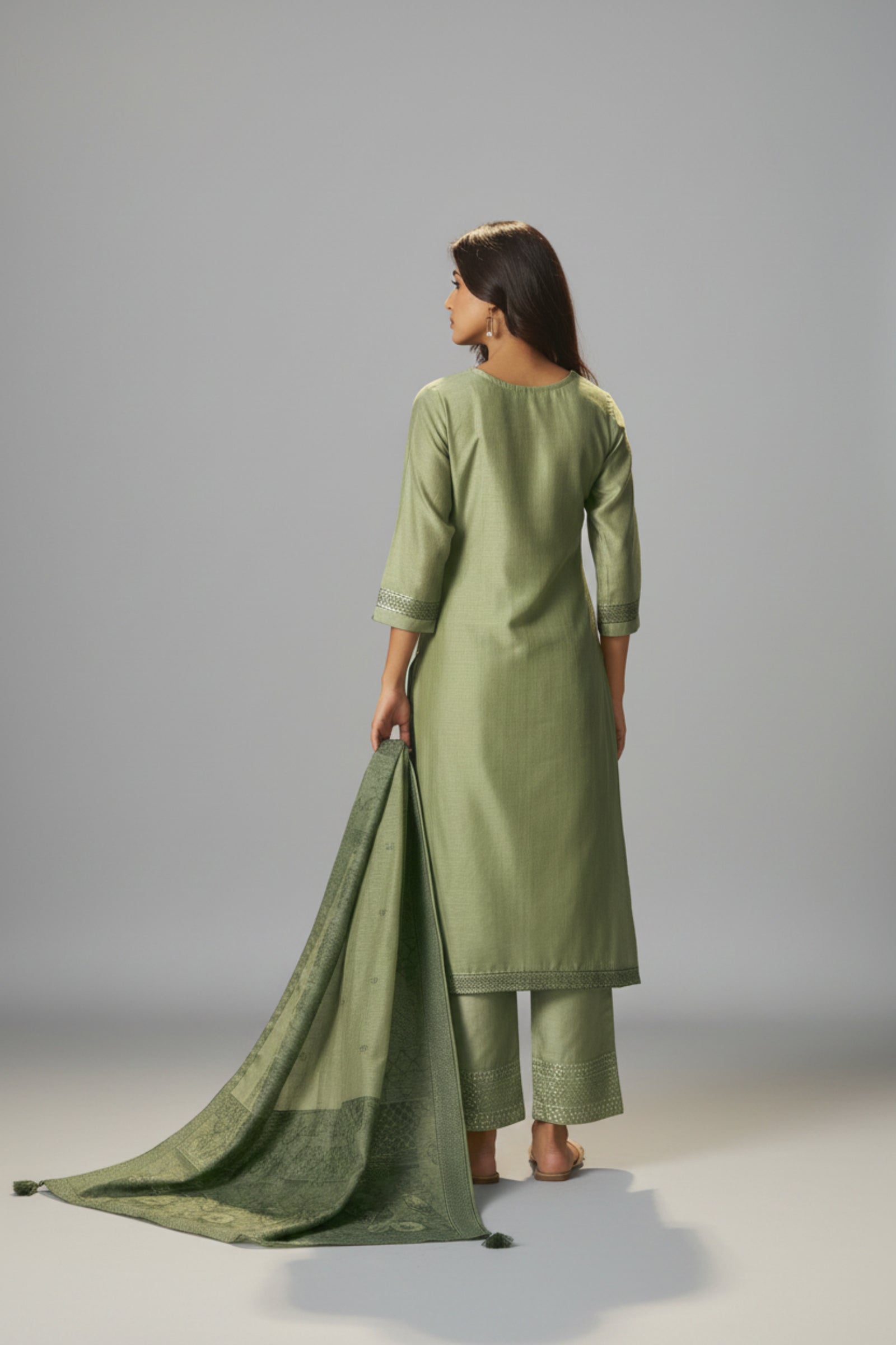 Muted Jade Green Chanderi Jacquard Kurta Set
