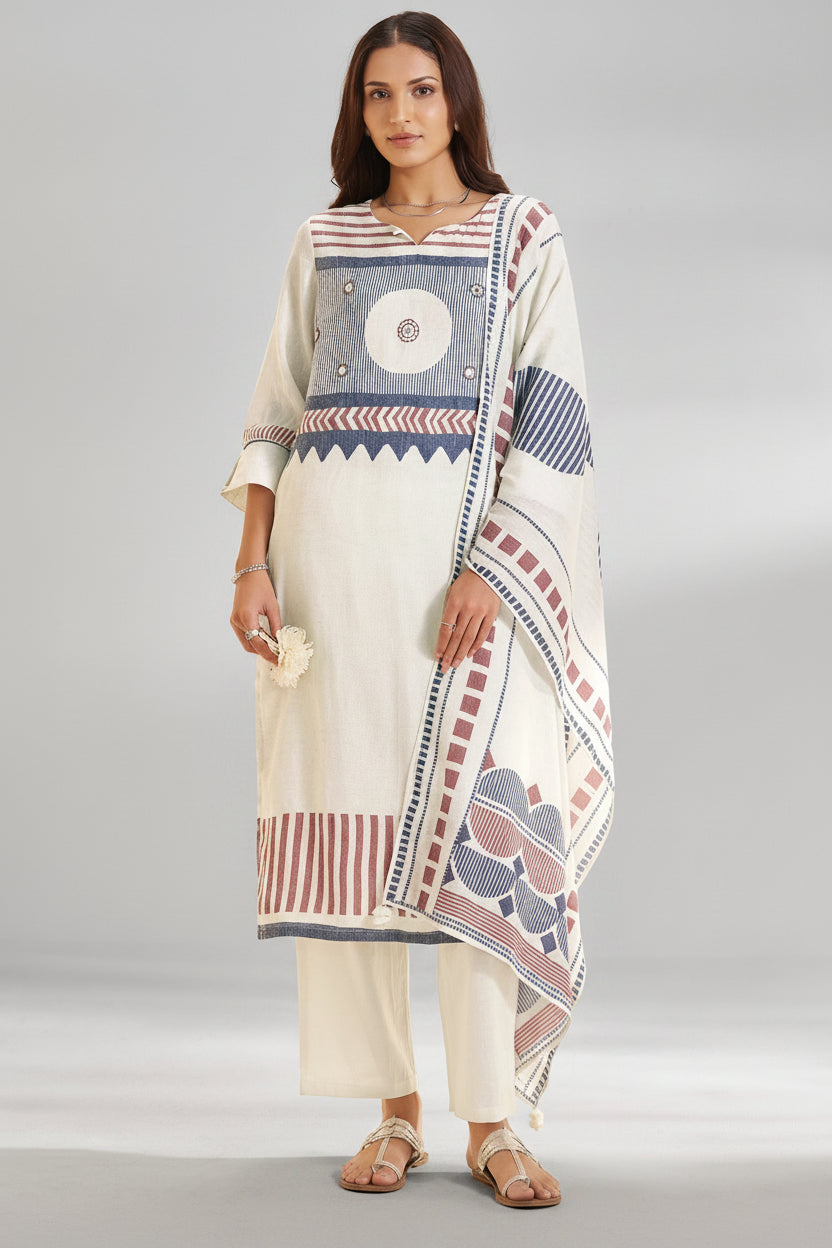 Bright White Pure Cotton Linen Digital Print Kurta Set