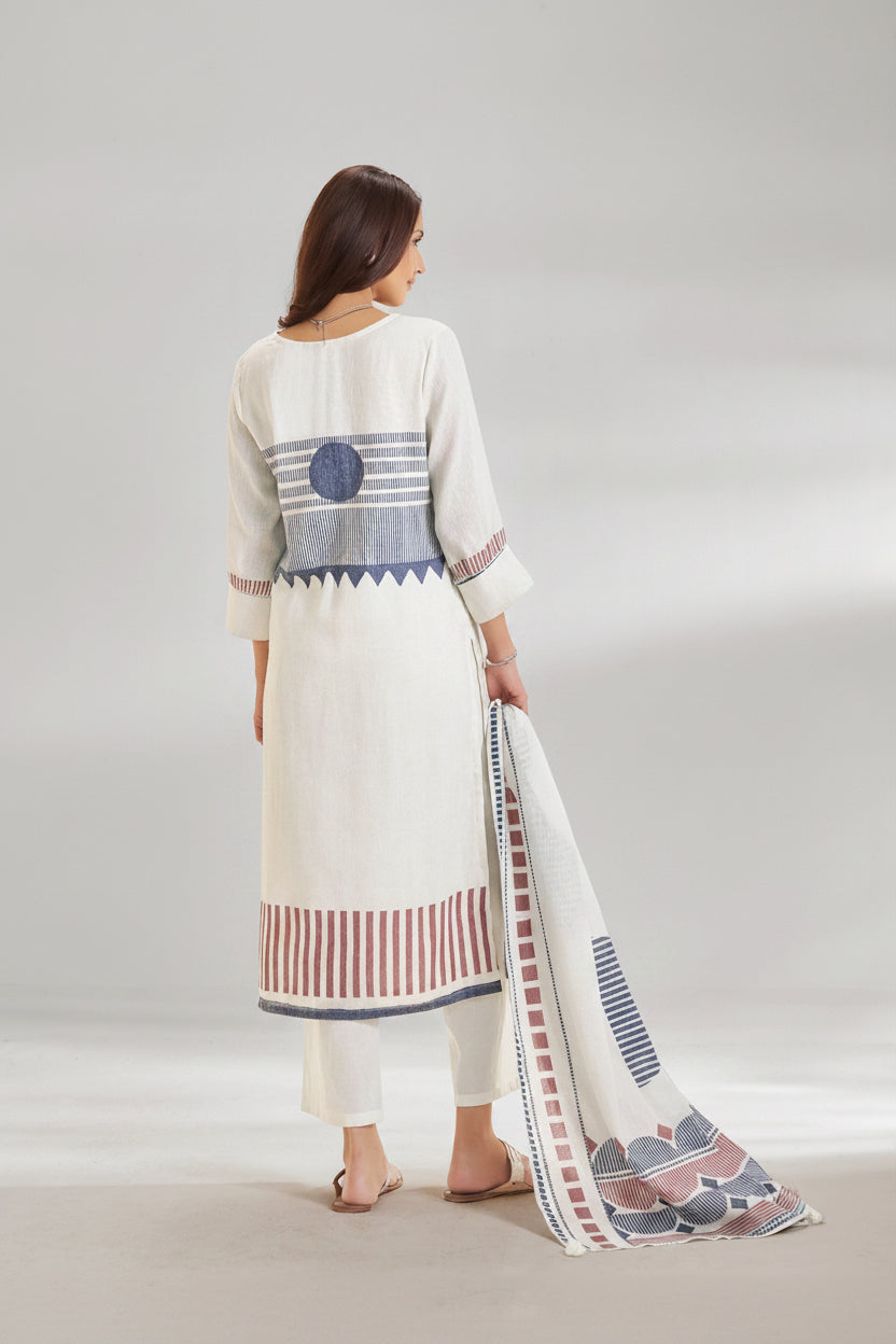 Bright White Pure Cotton Linen Digital Print Kurta Set
