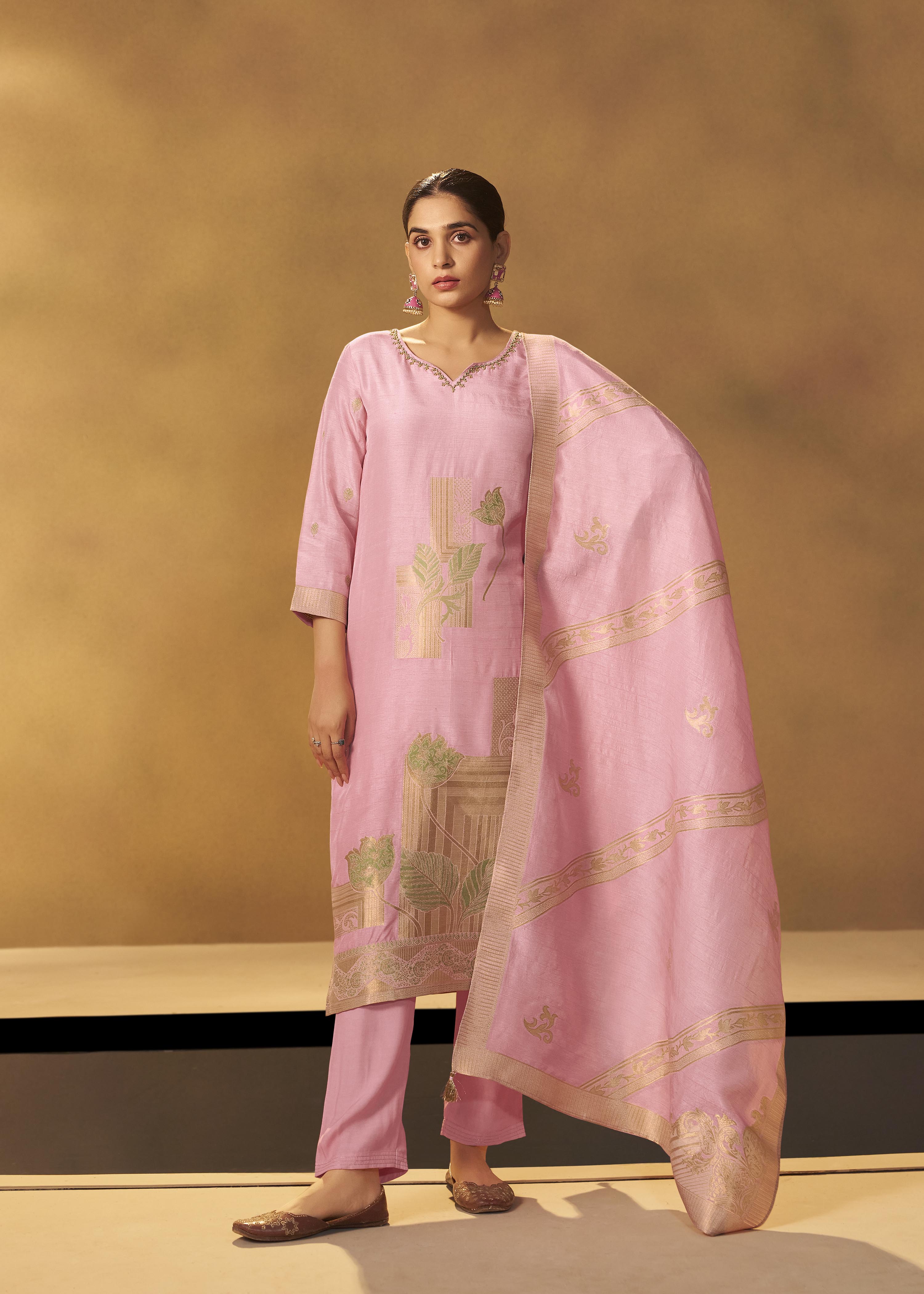 Powder Pink Viscose Slub Linen Jacquard Kurta Set