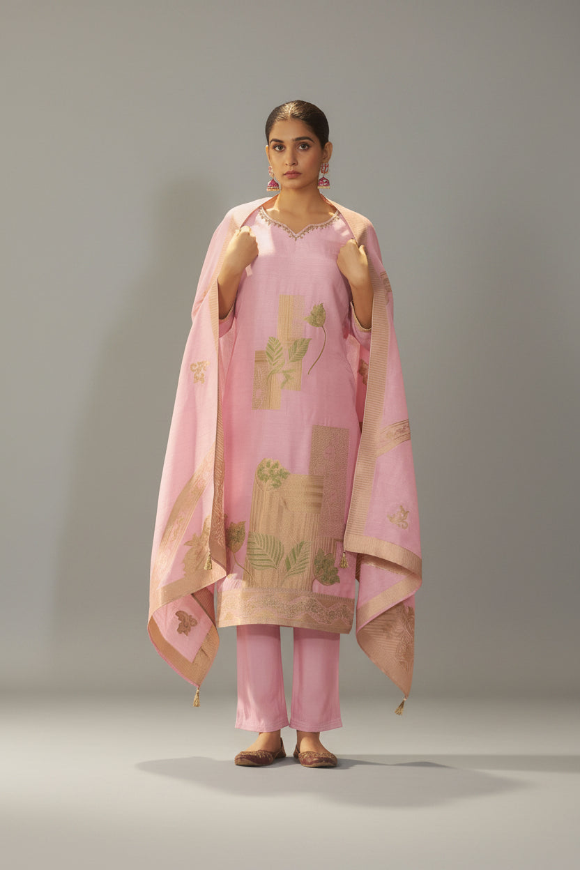 Powder Pink Viscose Slub Linen Jacquard Kurta Set