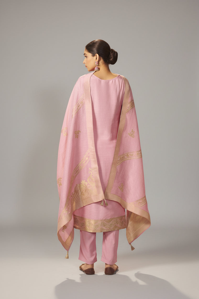 Powder Pink Viscose Slub Linen Jacquard Kurta Set