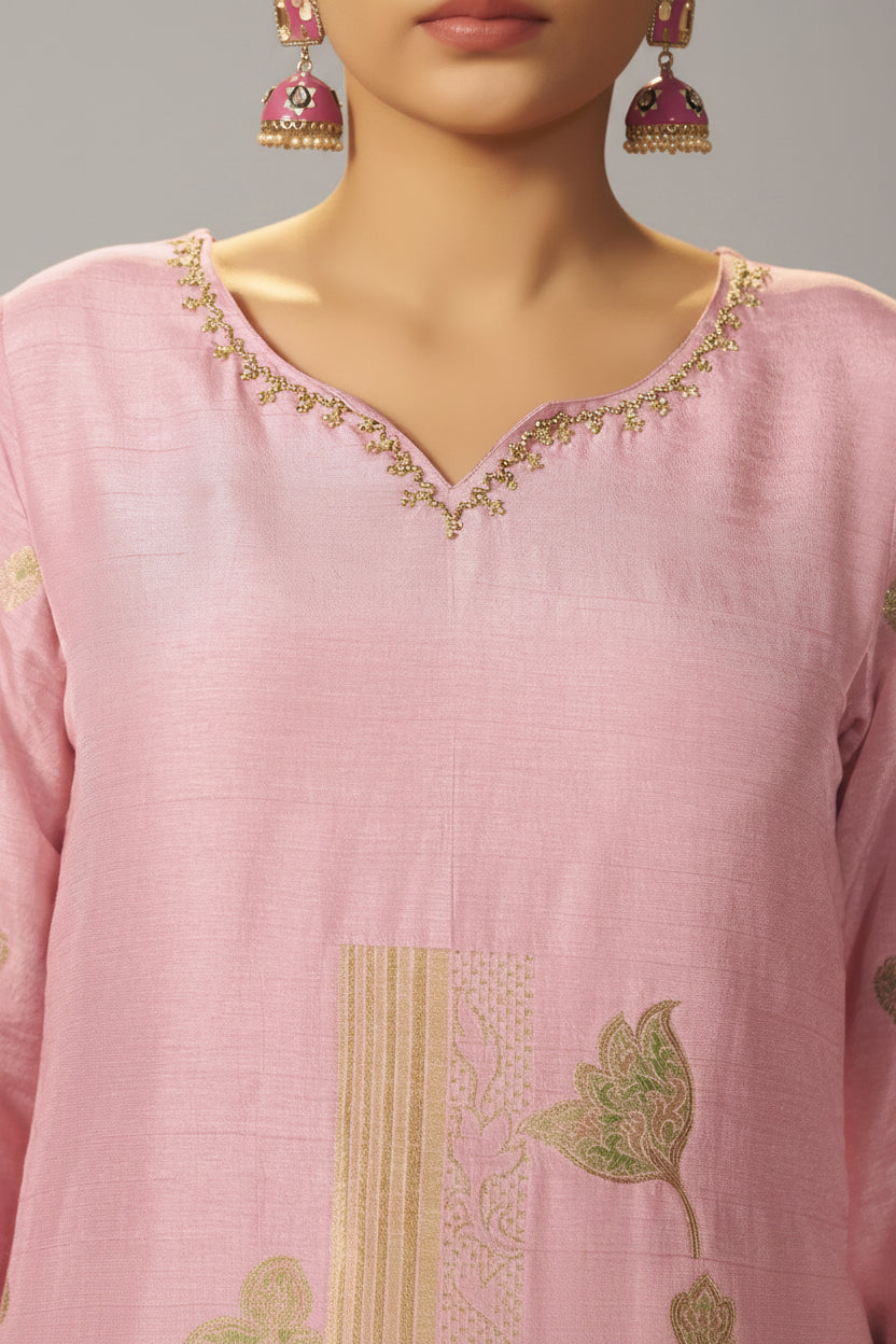 Powder Pink Viscose Slub Linen Jacquard Kurta Set