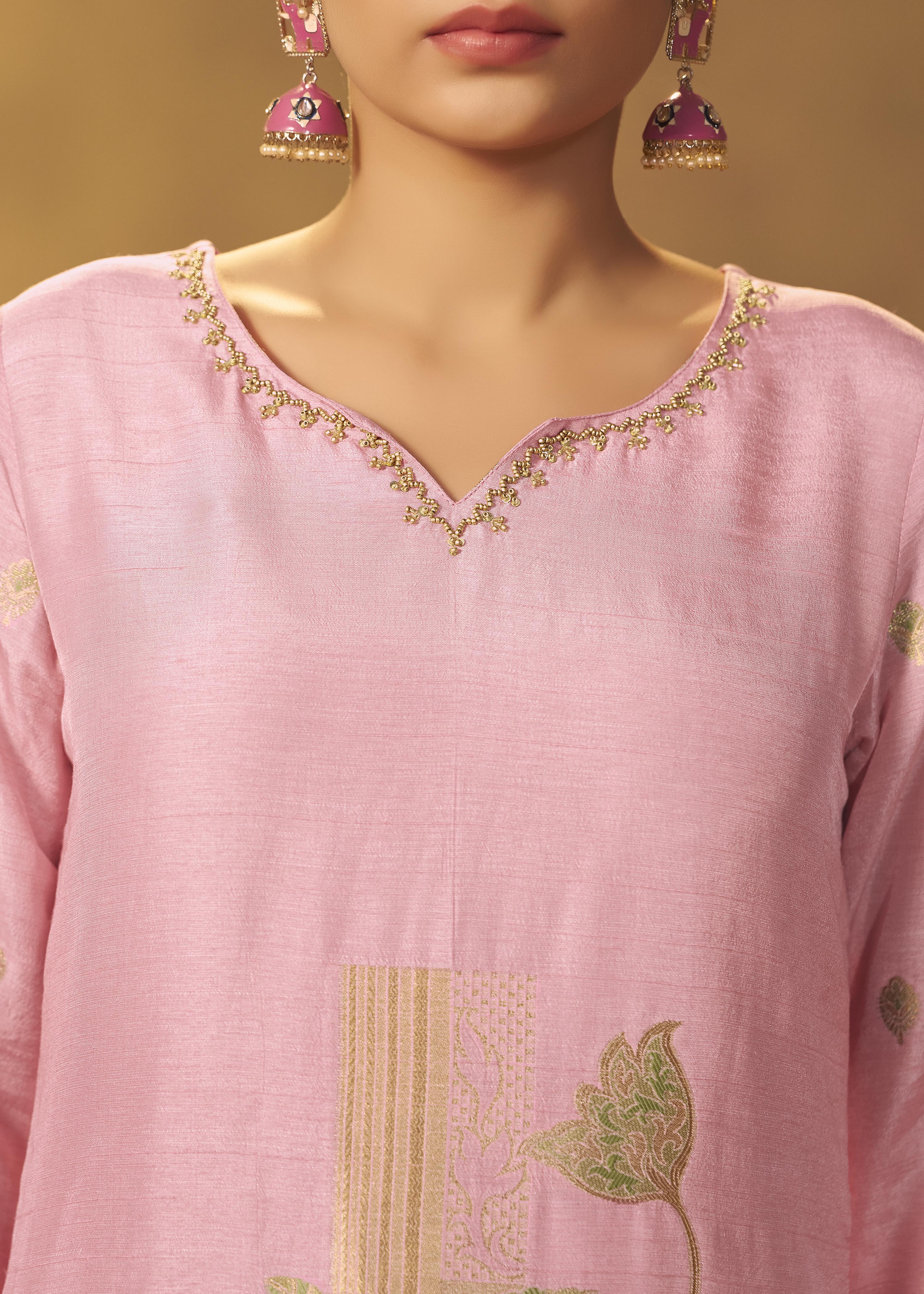 Powder Pink Viscose Slub Linen Jacquard Kurta Set