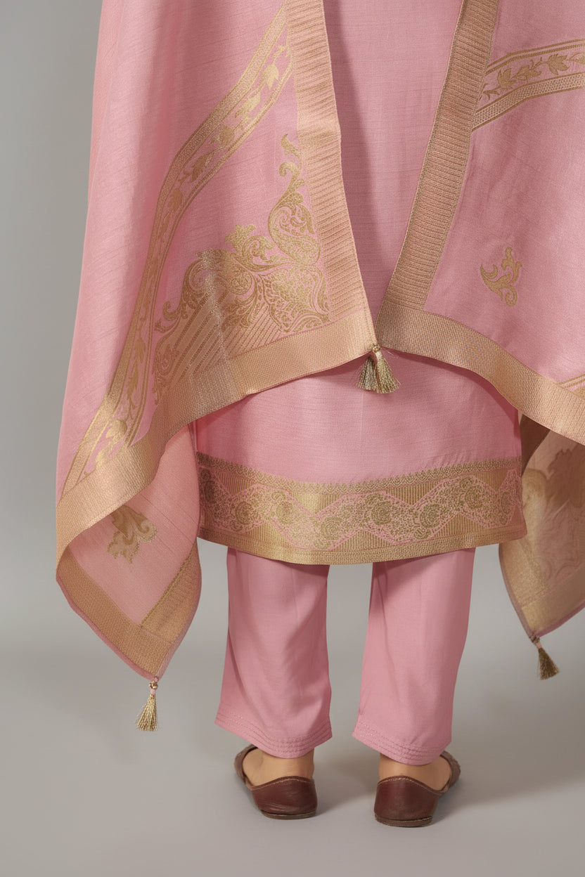 Powder Pink Viscose Slub Linen Jacquard Kurta Set