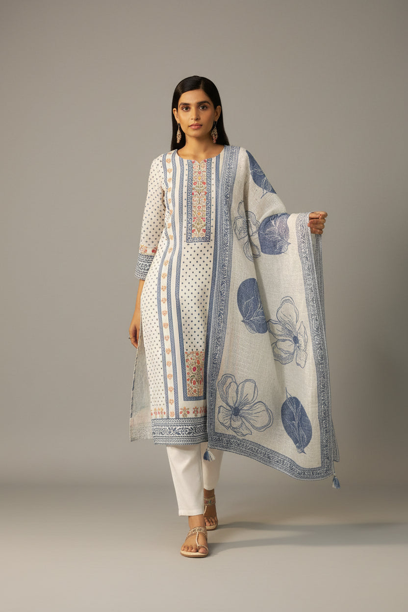 Cream Poly Linen Digital Print Kurta Set with Dupatta