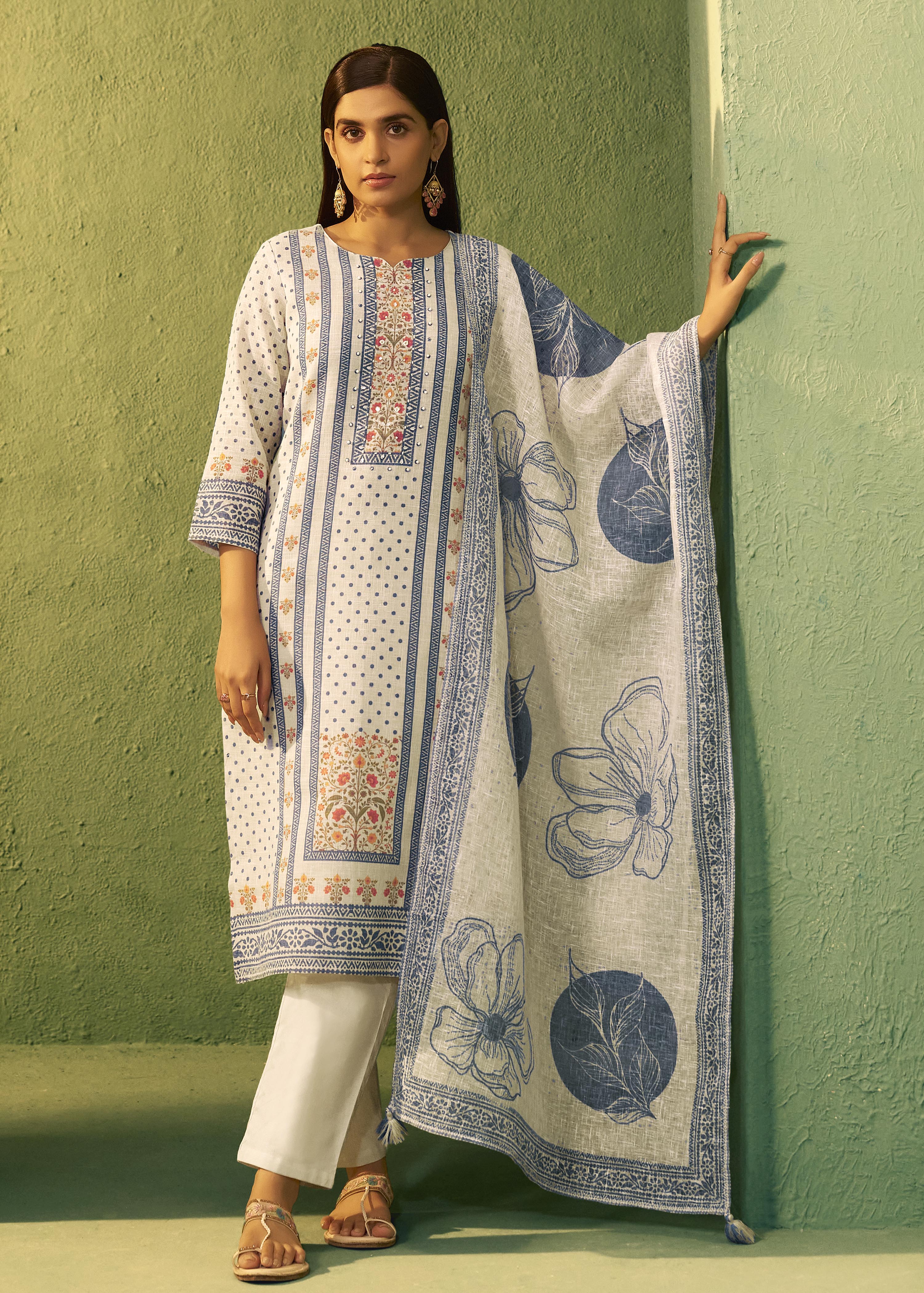 Cream Poly Linen Digital Print Kurta Set with Dupatta